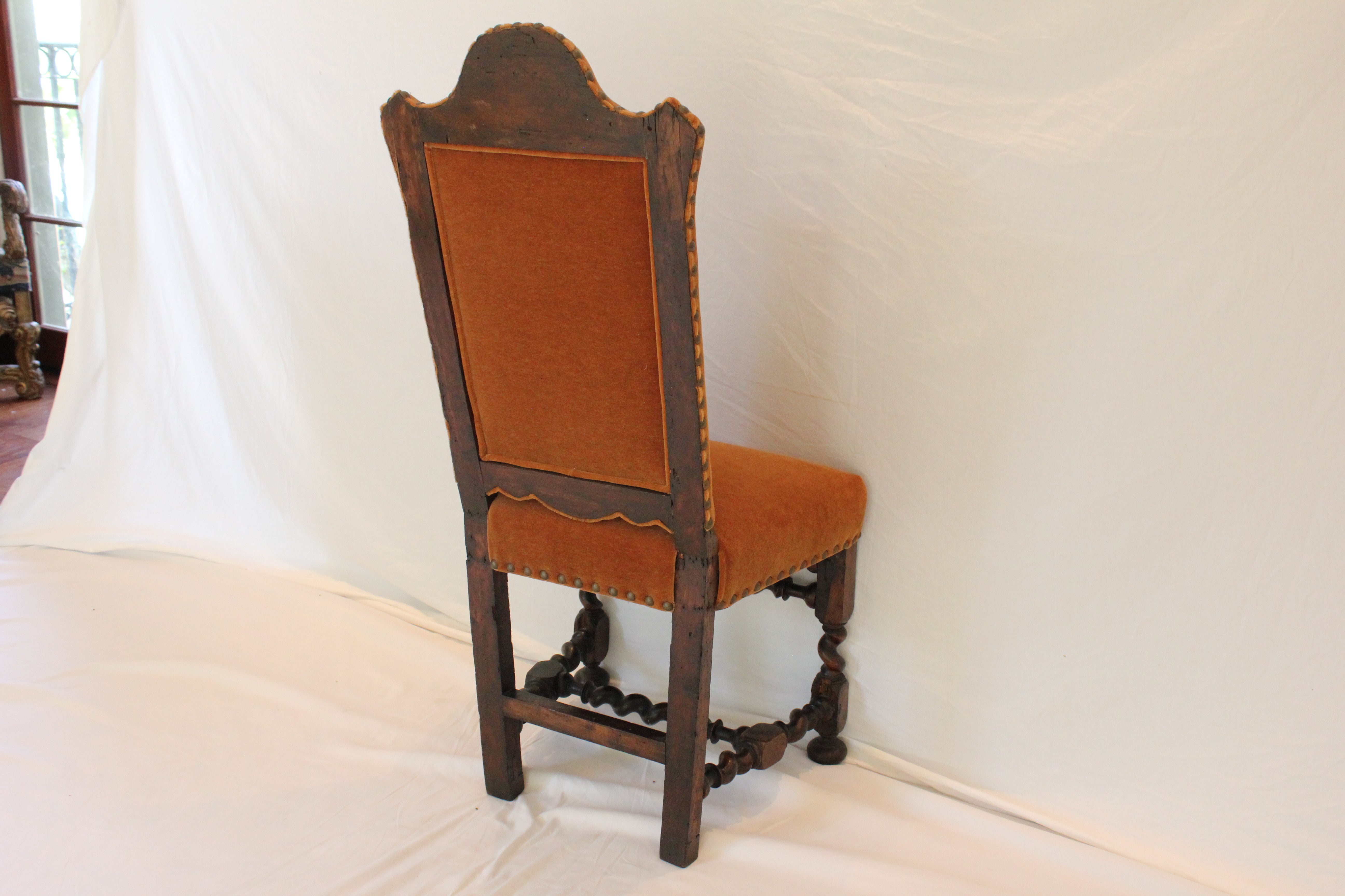 AF2-348: Antique Set of 6 Early 19th Century Jacobean Style Walnut Dining Chairs with new Mohair Upholstery