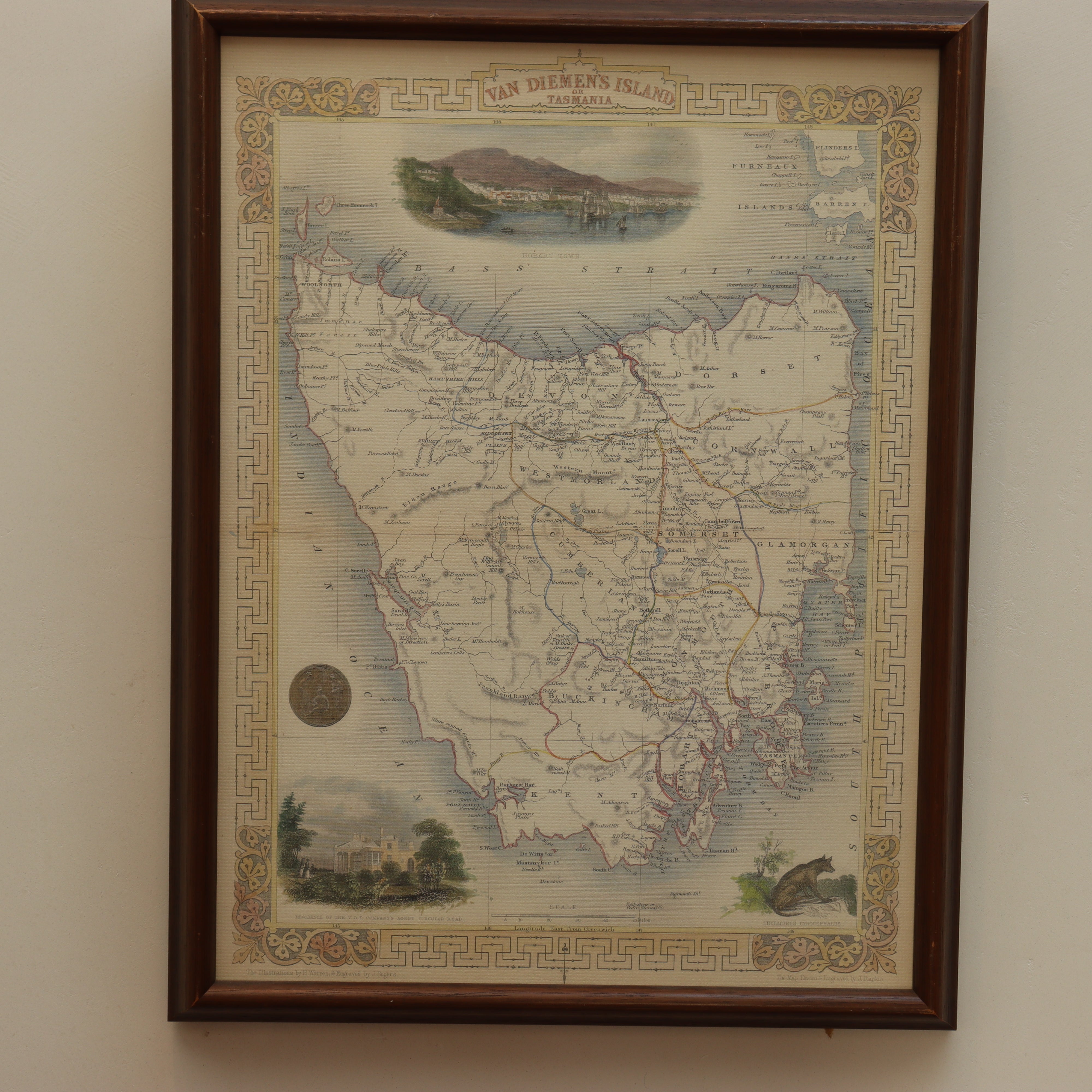 AW7-073: Later 20th Century Re-Printed Engraving of J. Rogers Map of Van Diemen's Land "Tasmania"