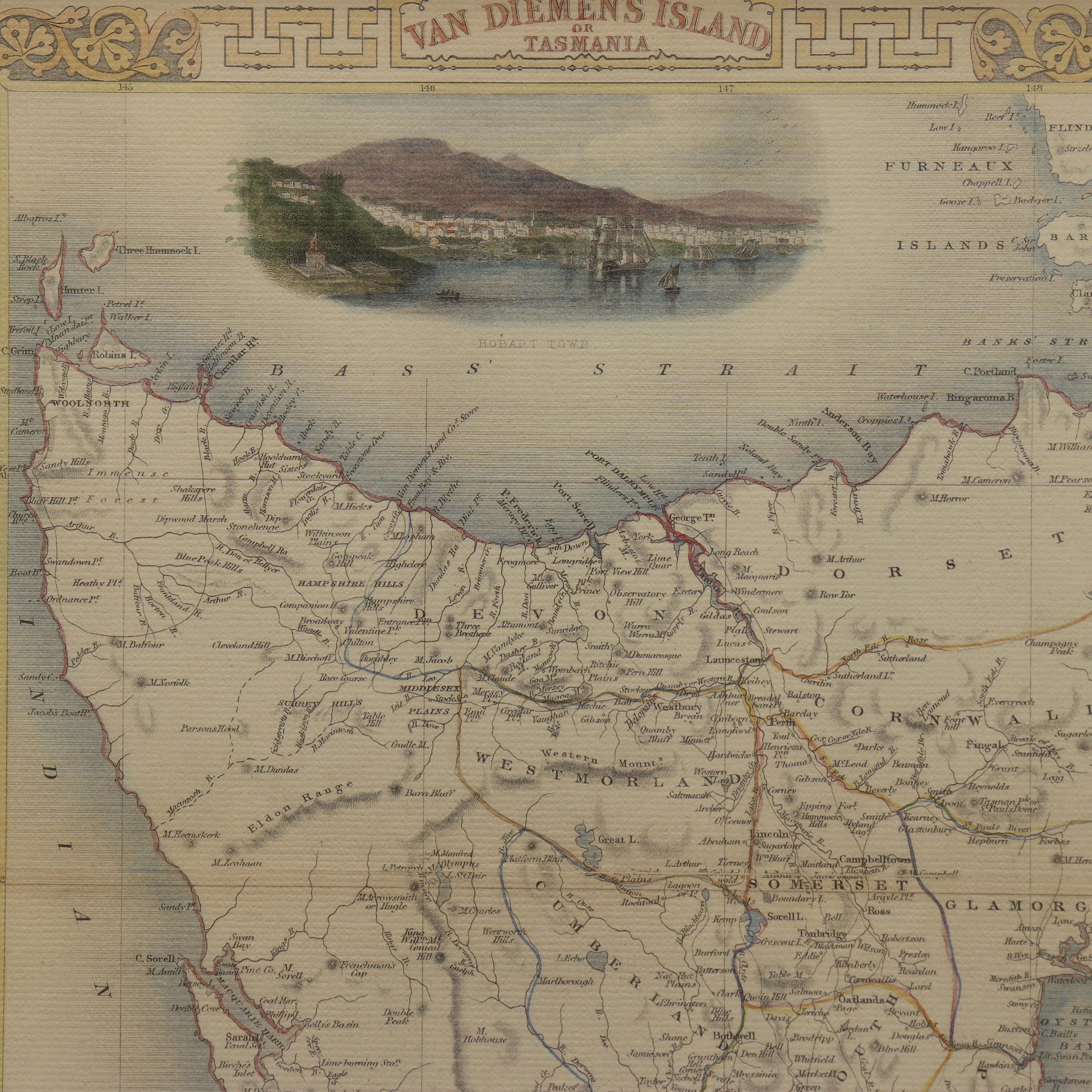 AW7-073: Later 20th Century Re-Printed Engraving of J. Rogers Map of Van Diemen's Land "Tasmania"