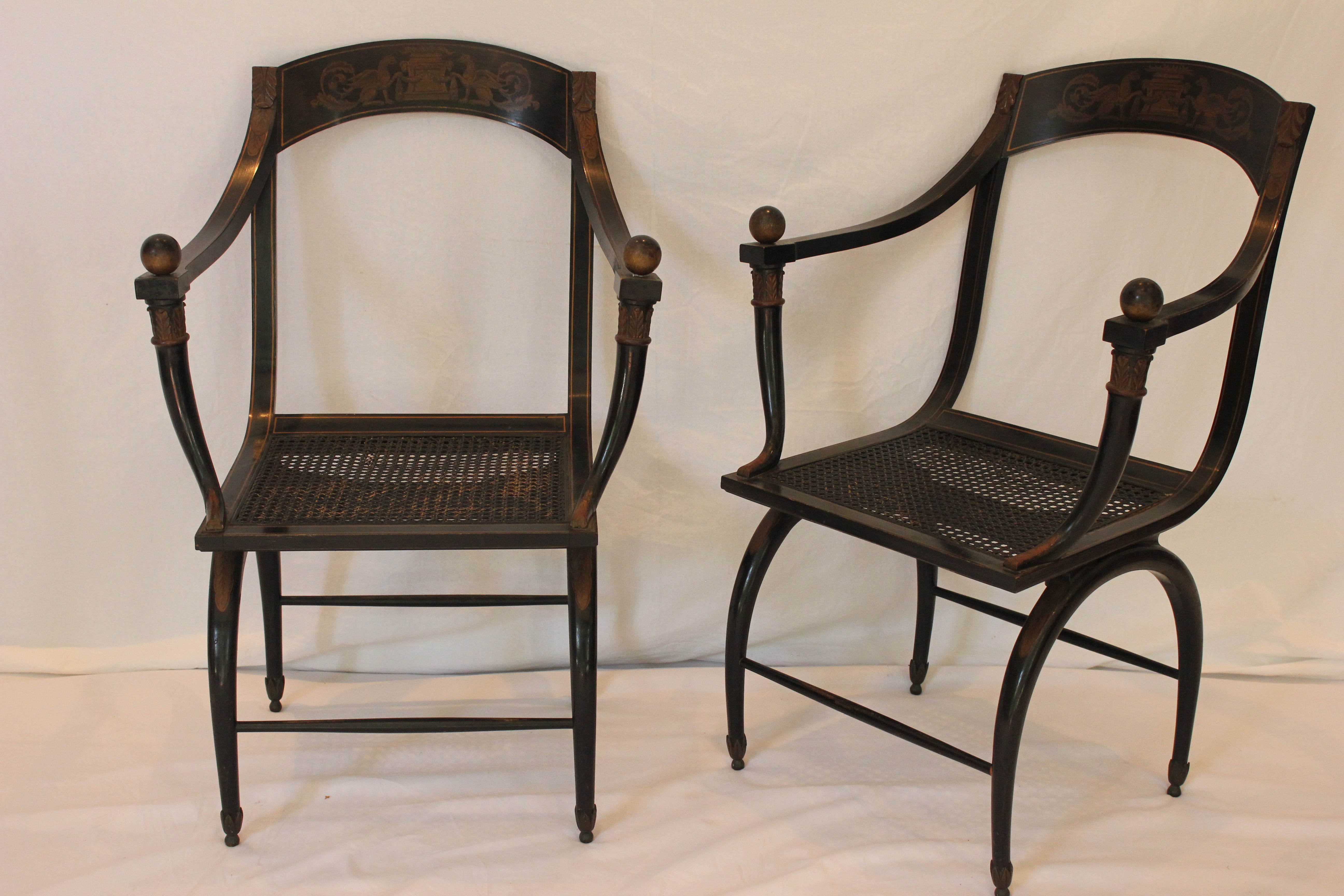 AF2-361: Jean-Joseph Chapuis Antique Pair of Circa 1805 Empire Campaign Style Arm Chairs