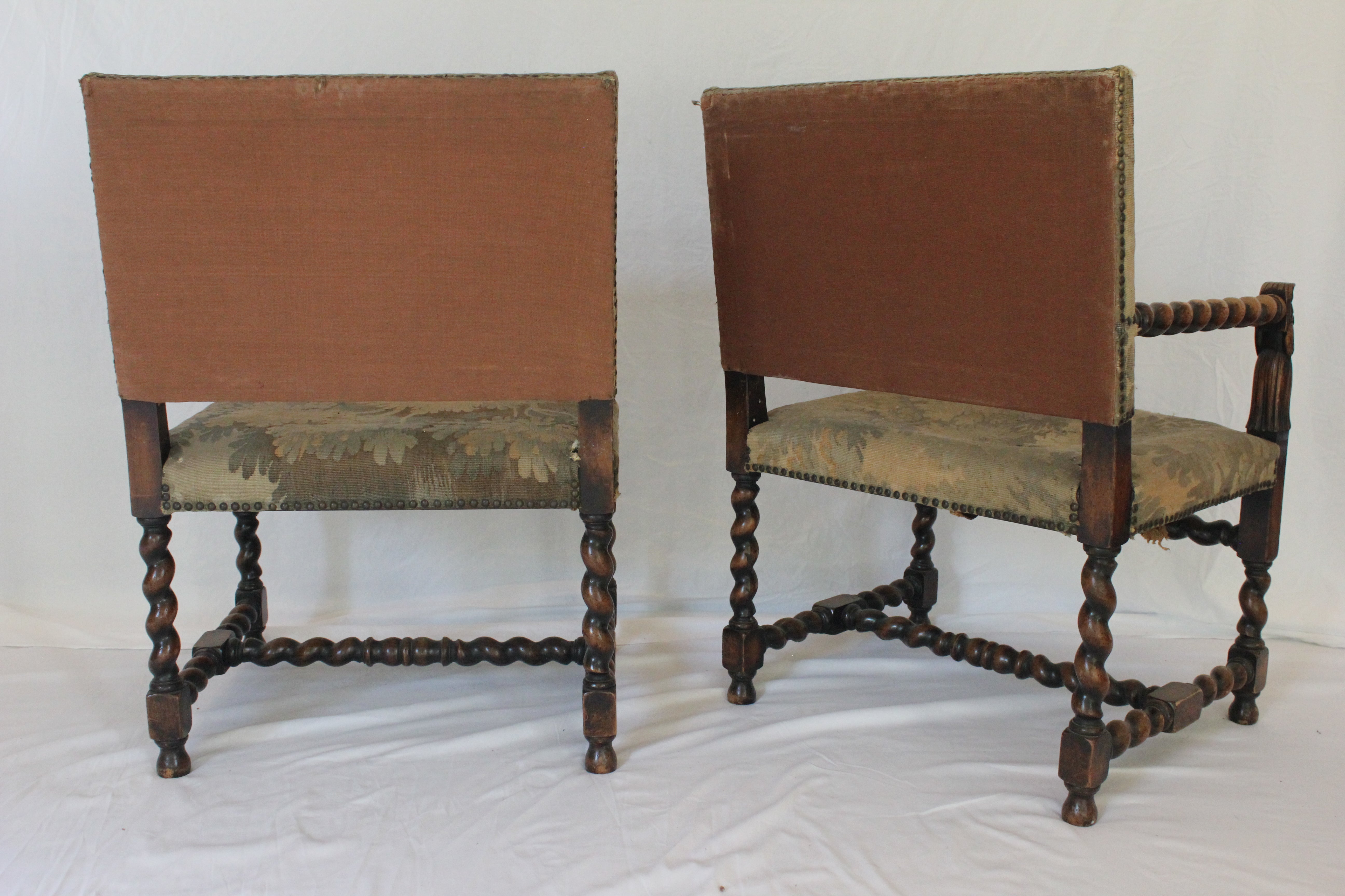 AF2-374: Antique Pair of Early 19th Century Louis XII Style Carved Walnut Arm Chairs w/ Tapestry Remnant Upholstery