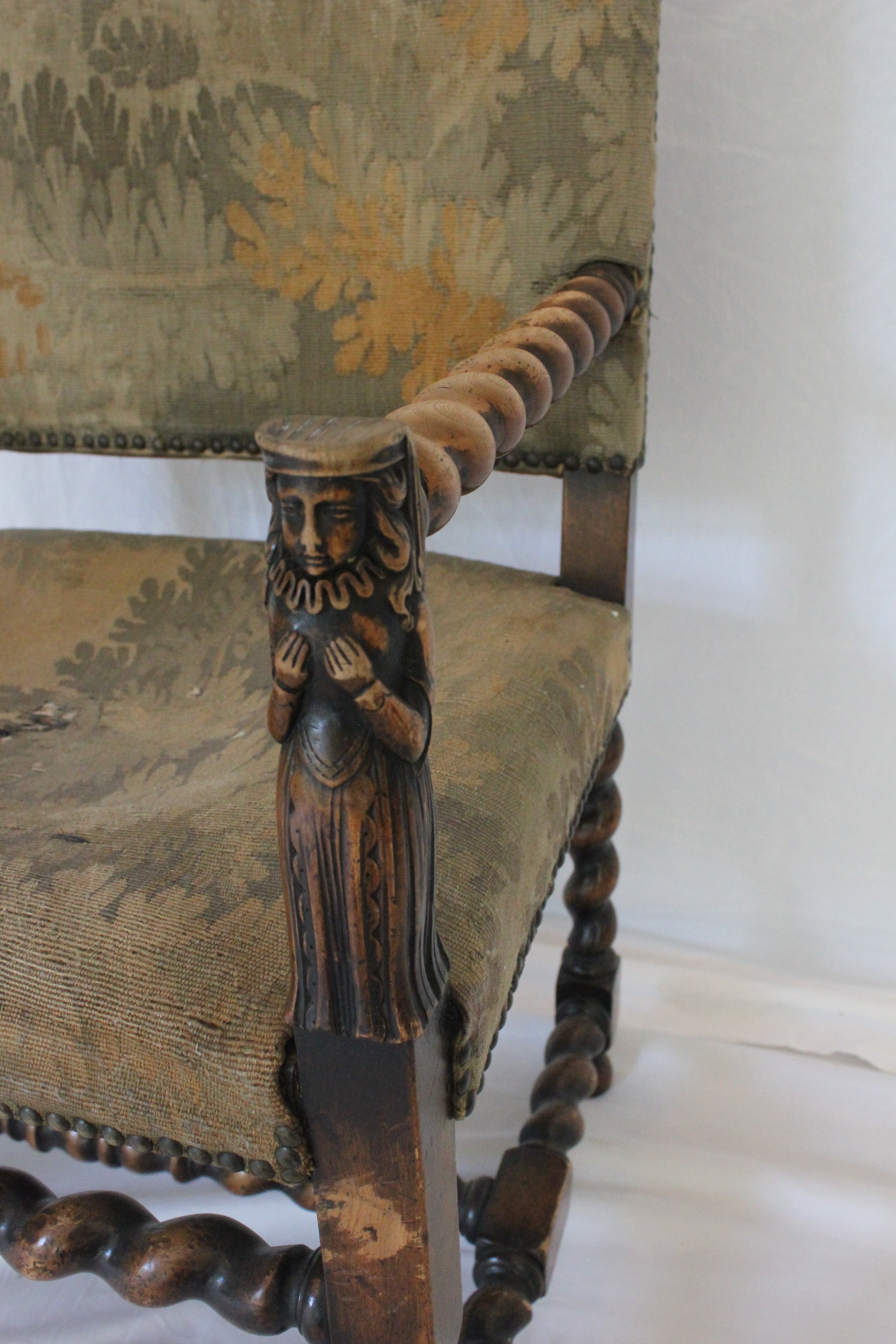 AF2-374: Antique Pair of Early 19th Century Louis XII Style Carved Walnut Arm Chairs w/ Tapestry Remnant Upholstery