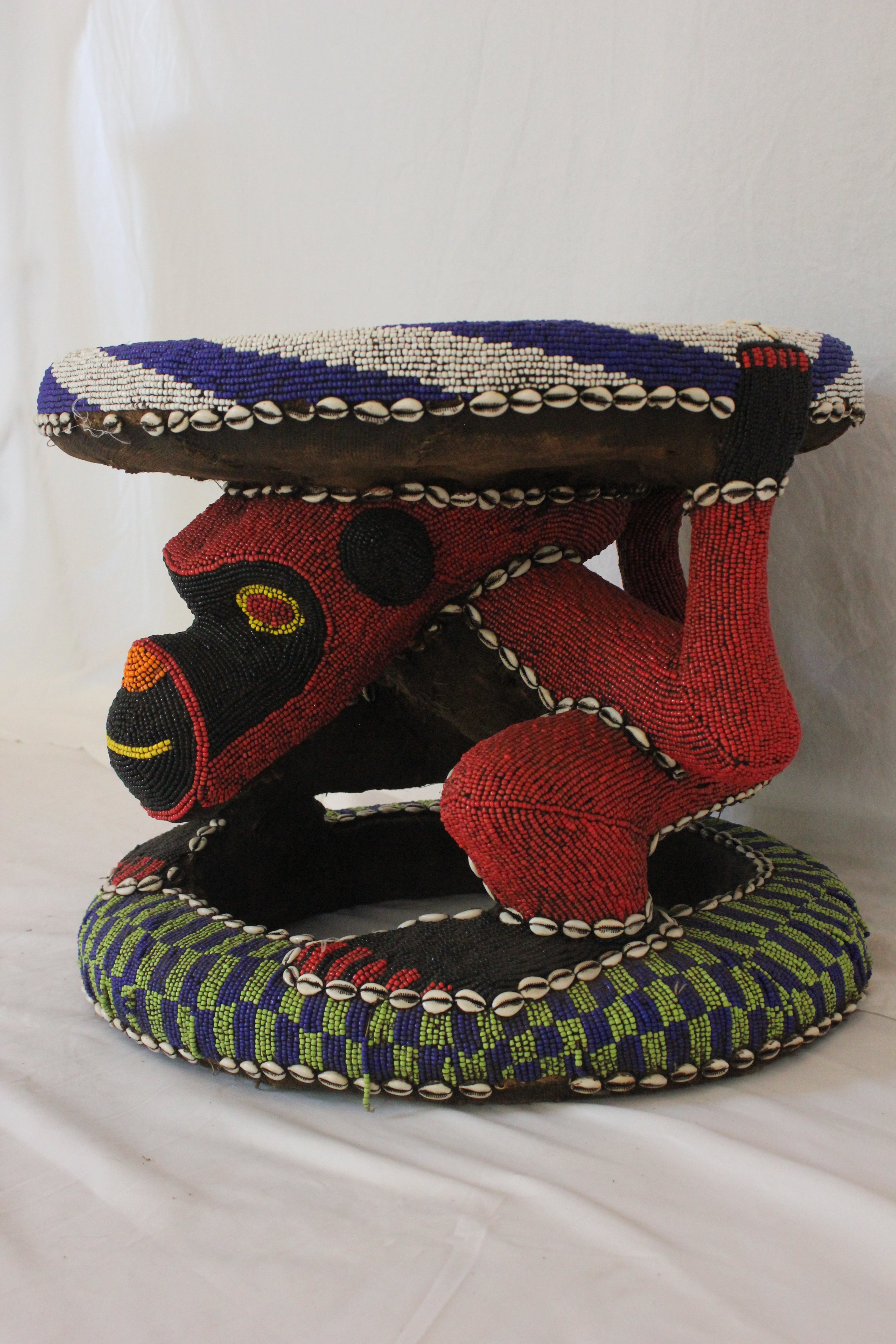 AF2-380 - Vintage Late 20th Century Nigerian Beaded Monkey Stool
