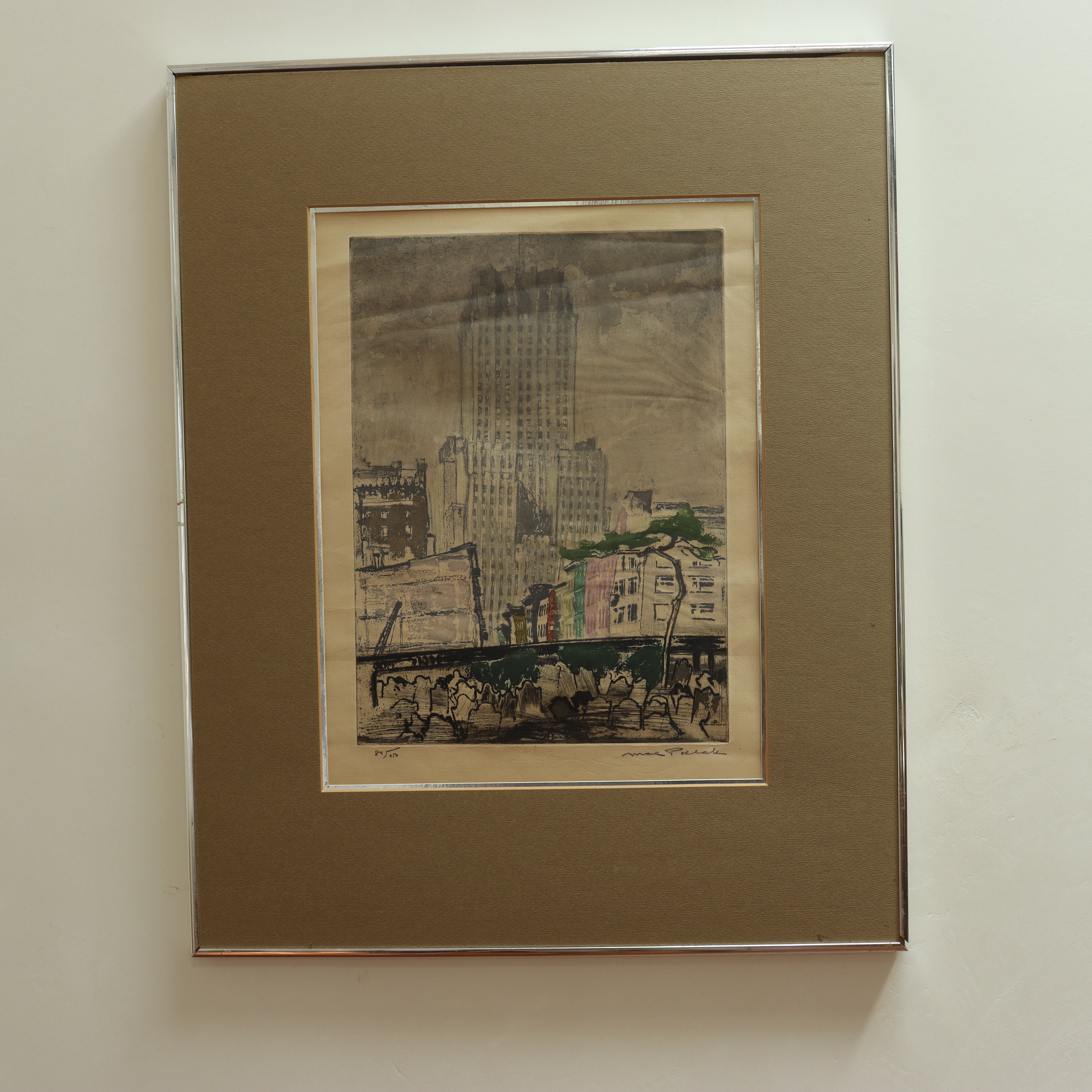 AW7-110: Max Pollak - Gravestones & Skyscrapers - Modernist Hand Colored Etching