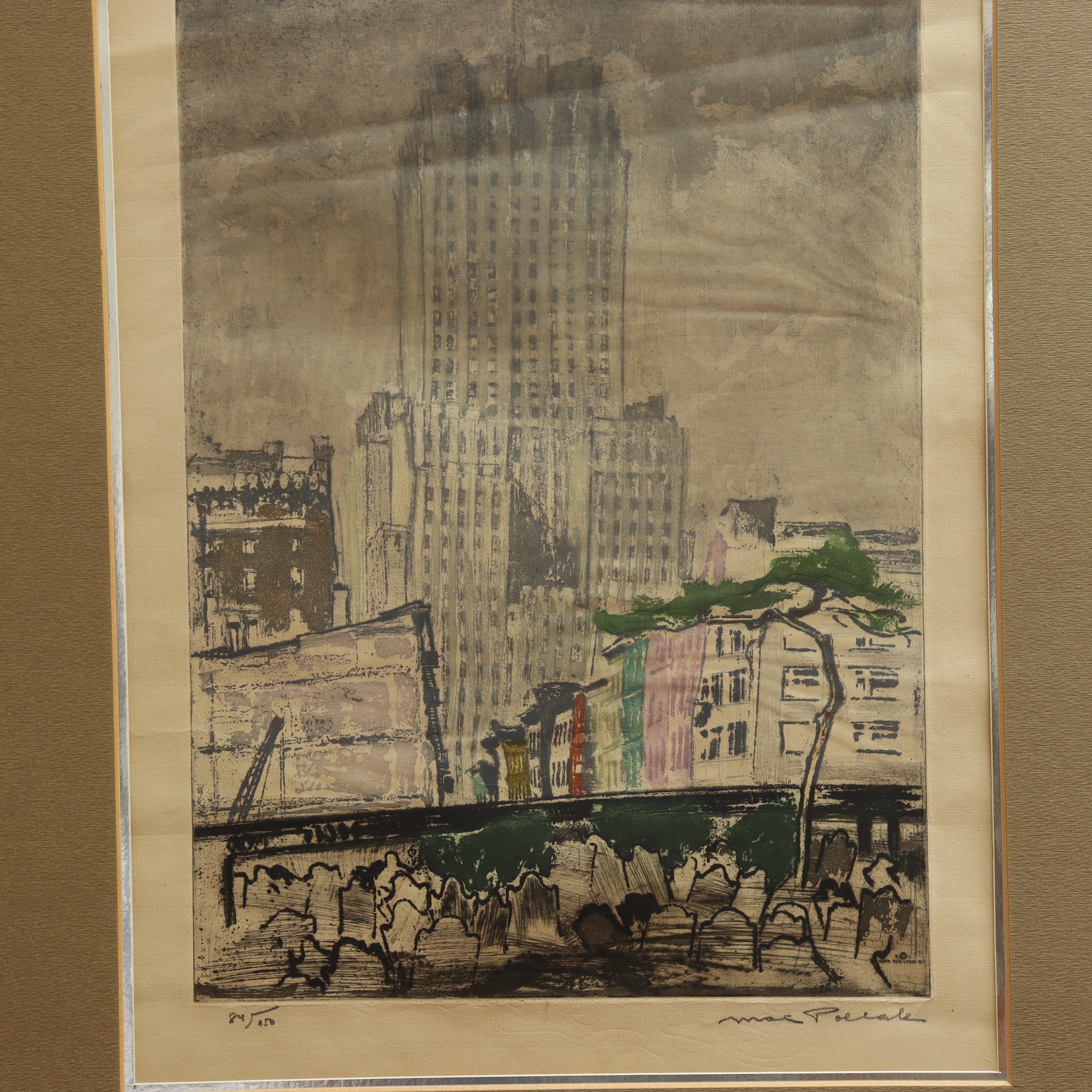 AW7-110: Max Pollak - Gravestones & Skyscrapers - Modernist Hand Colored Etching