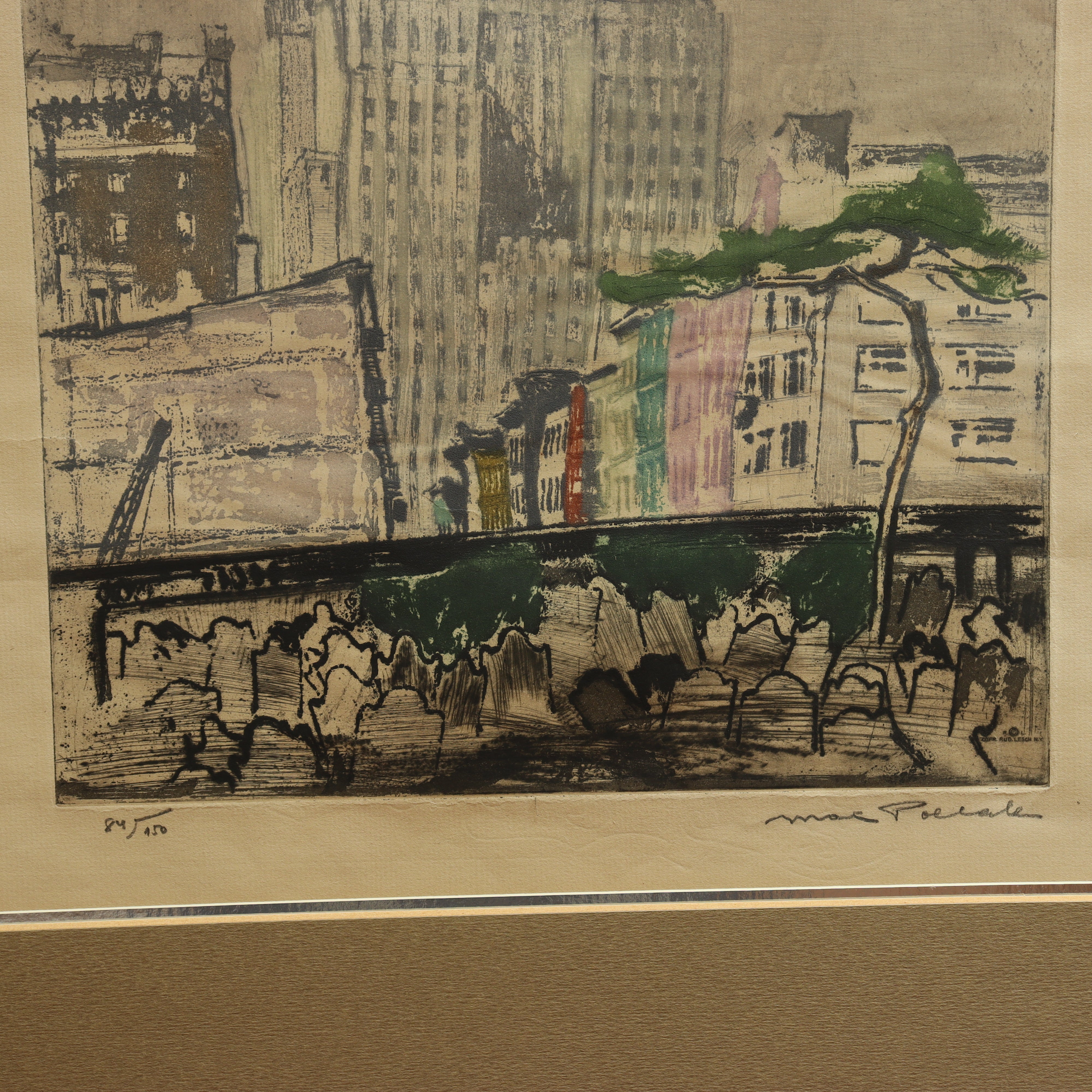 AW7-110: Max Pollak - Gravestones & Skyscrapers - Modernist Hand Colored Etching