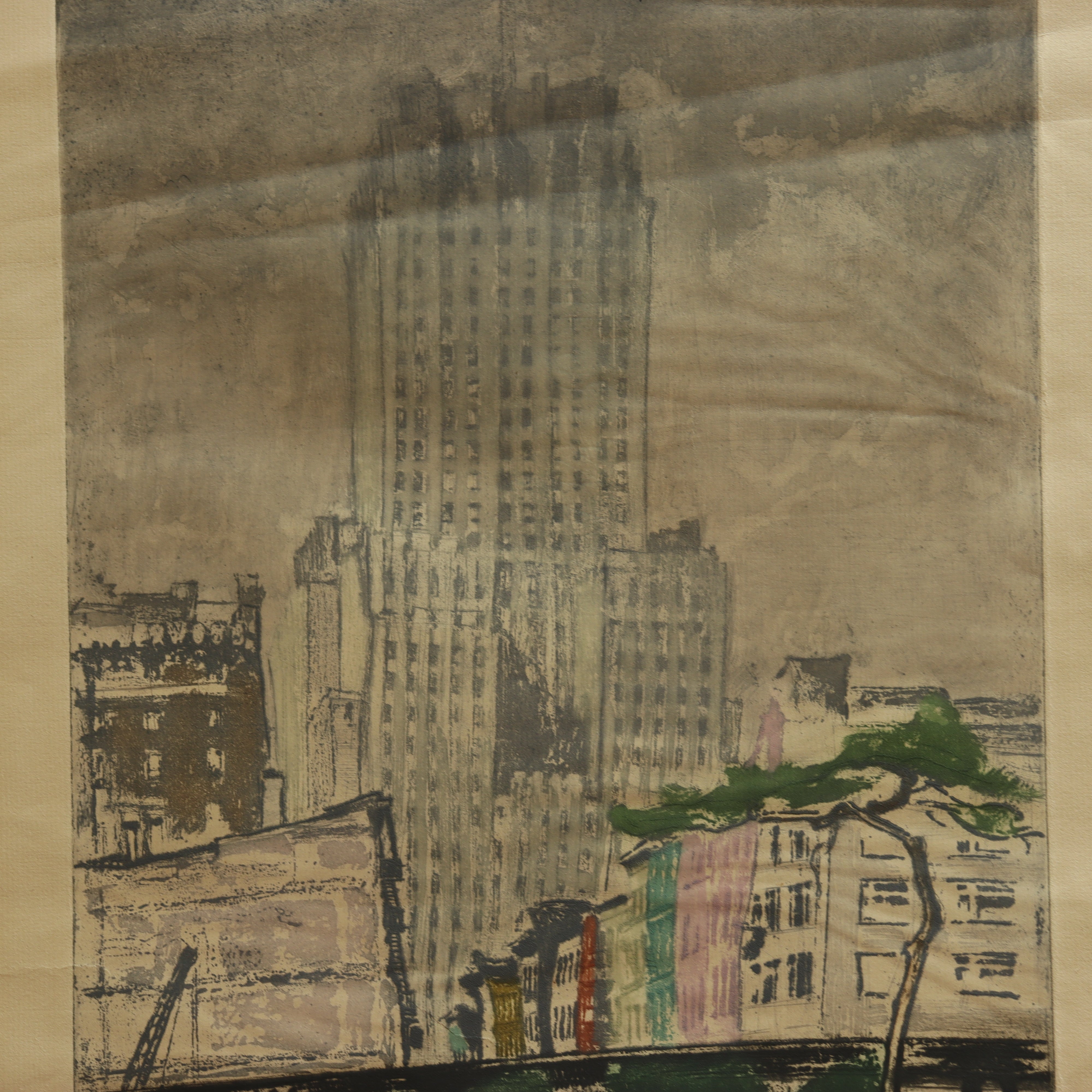 AW7-110: Max Pollak - Gravestones & Skyscrapers - Modernist Hand Colored Etching