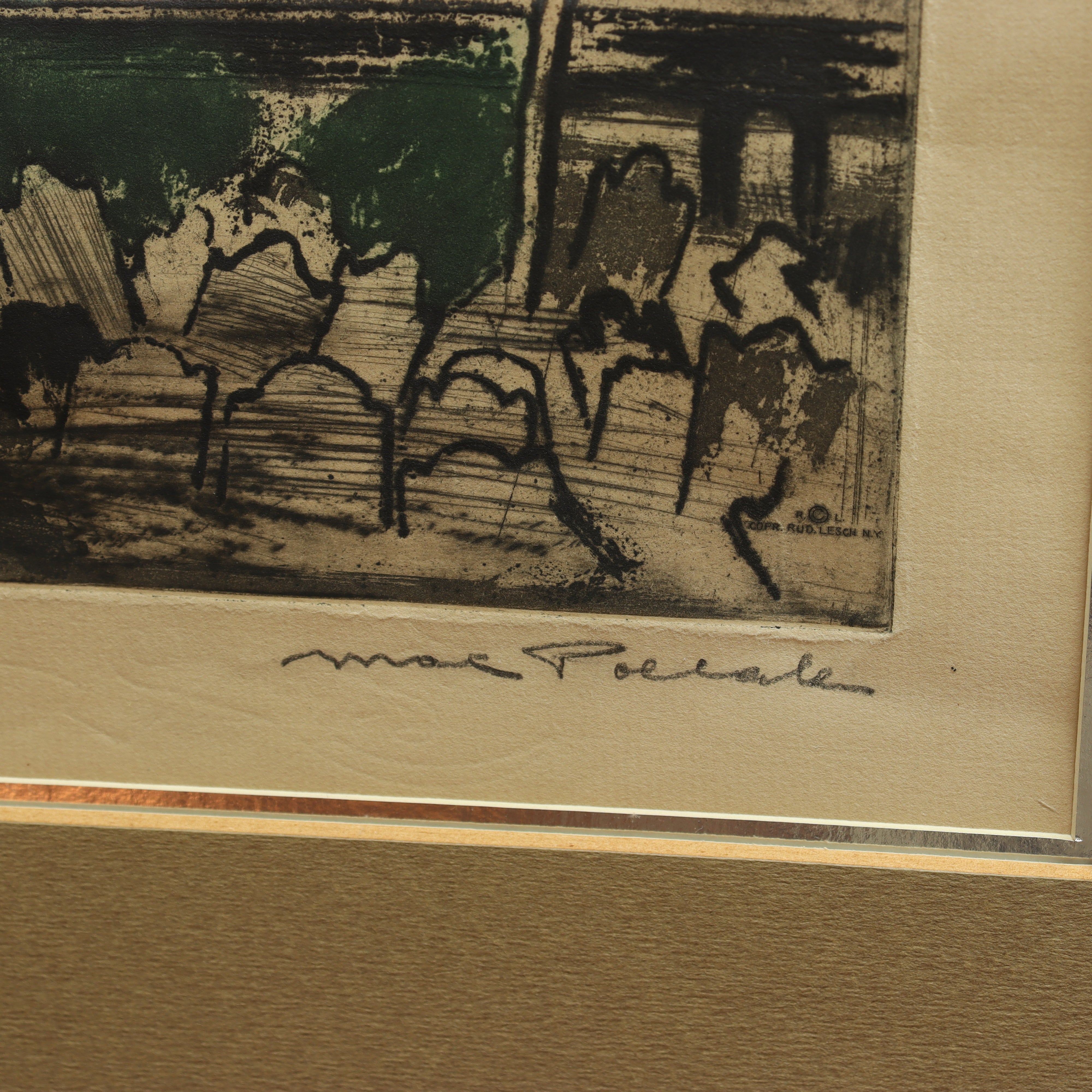 AW7-110: Max Pollak - Gravestones & Skyscrapers - Modernist Hand Colored Etching