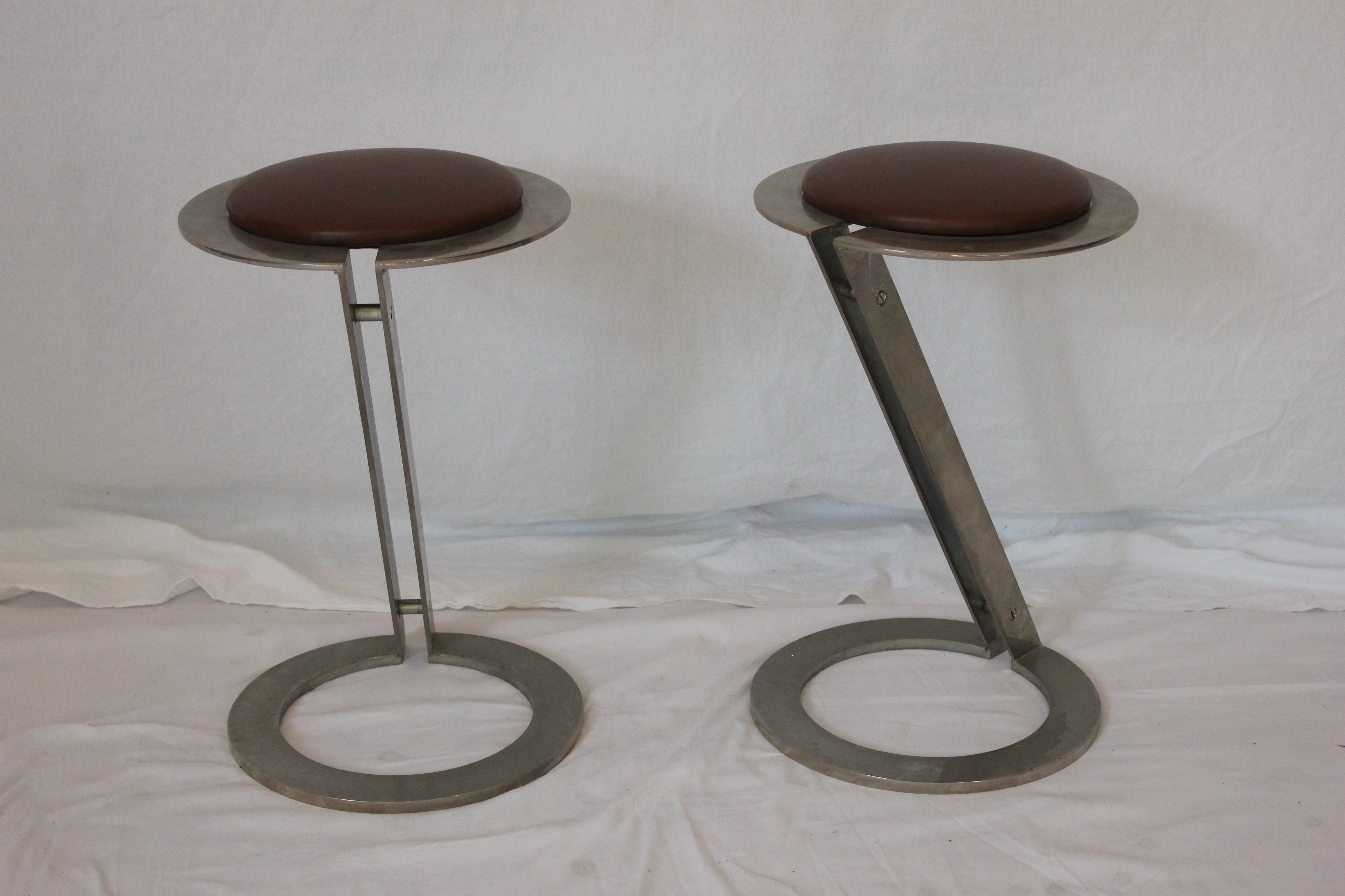AF2-390 - Vintage Pair of Late 20th Century Stainless Steel & Leather Stools