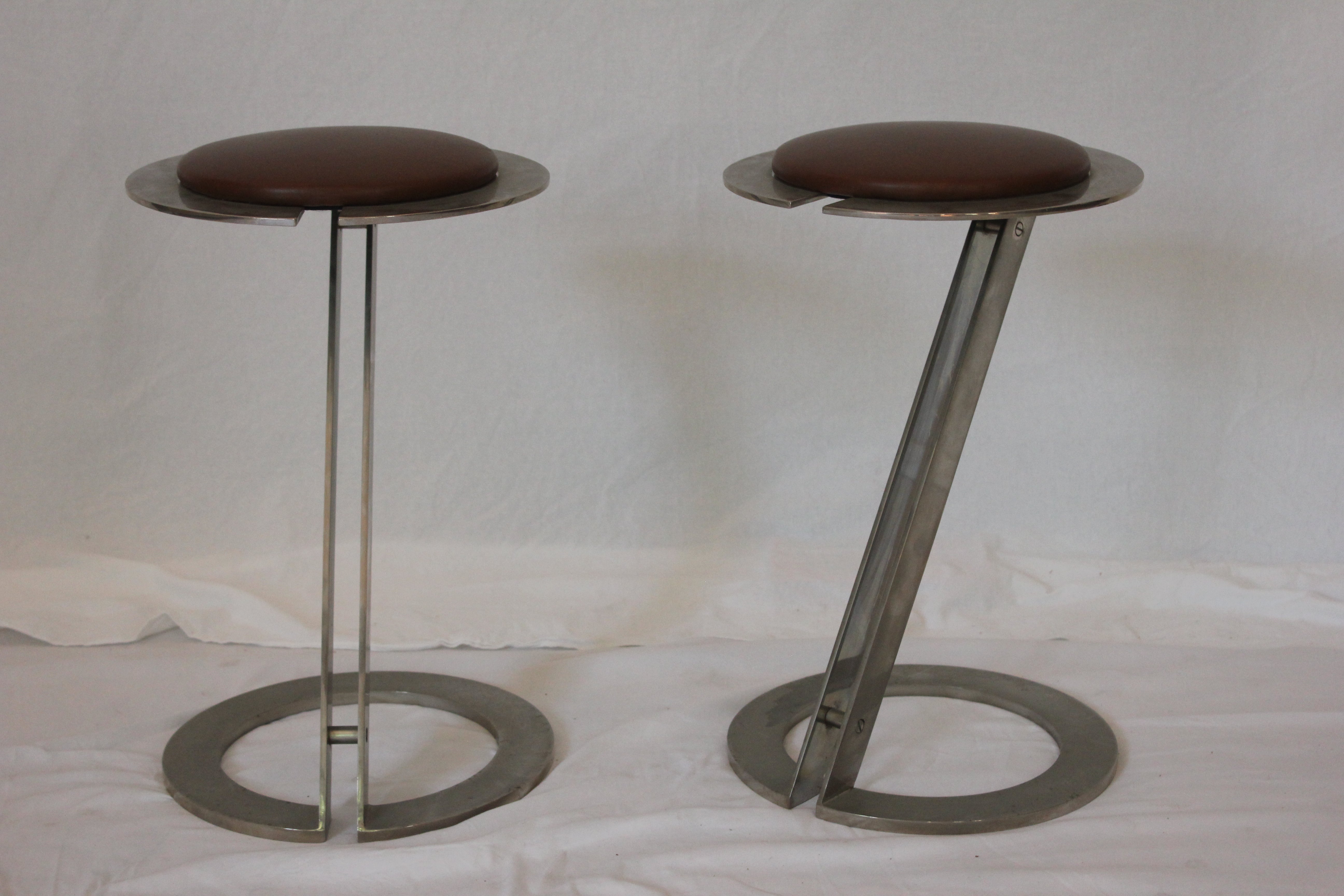 AF2-390 - Vintage Pair of Late 20th Century Stainless Steel & Leather Stools