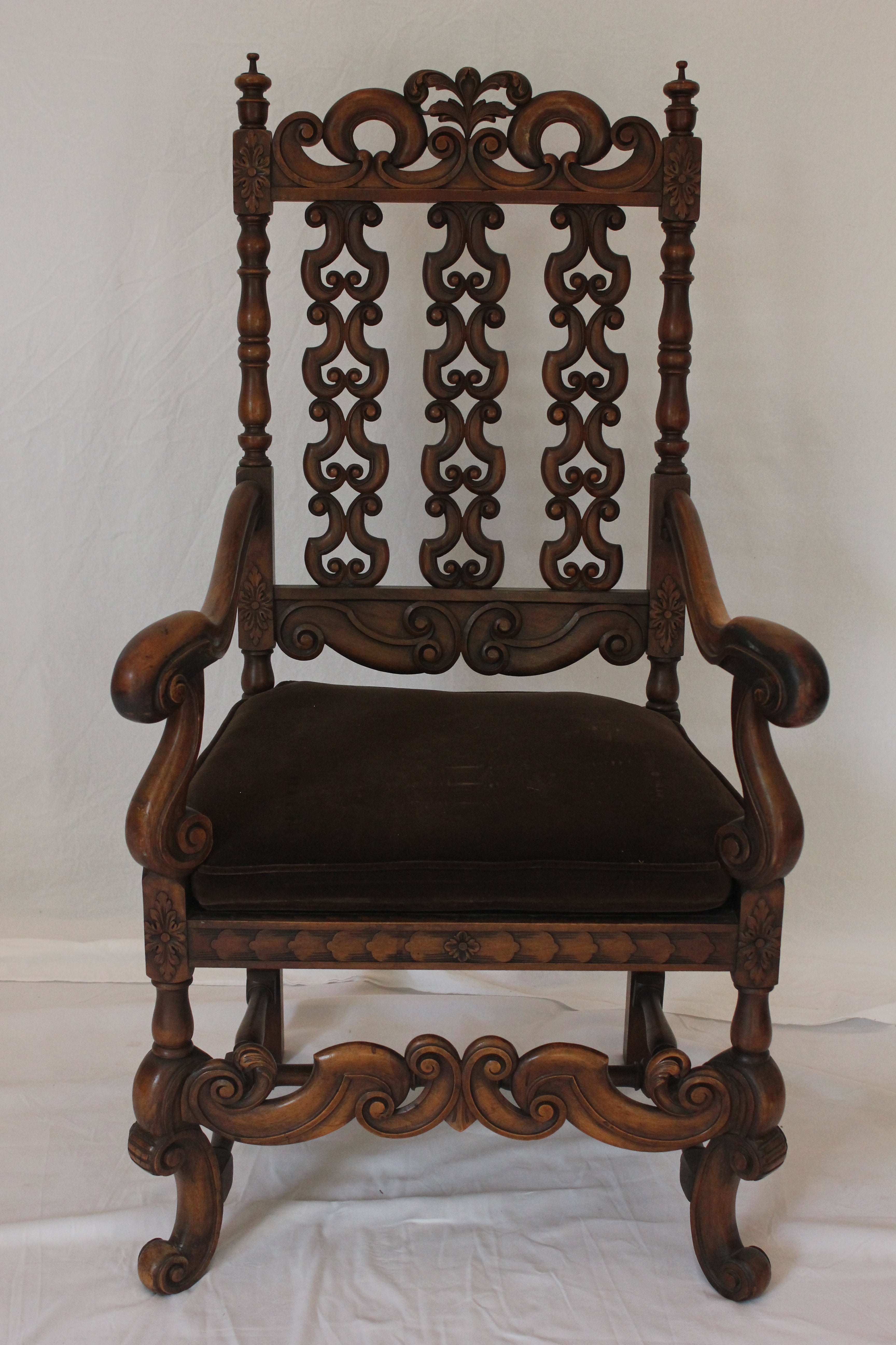 AF2-223: Antique Early 20th Century Heavily Carved Walnut Charles II Style Open Arm Chair
