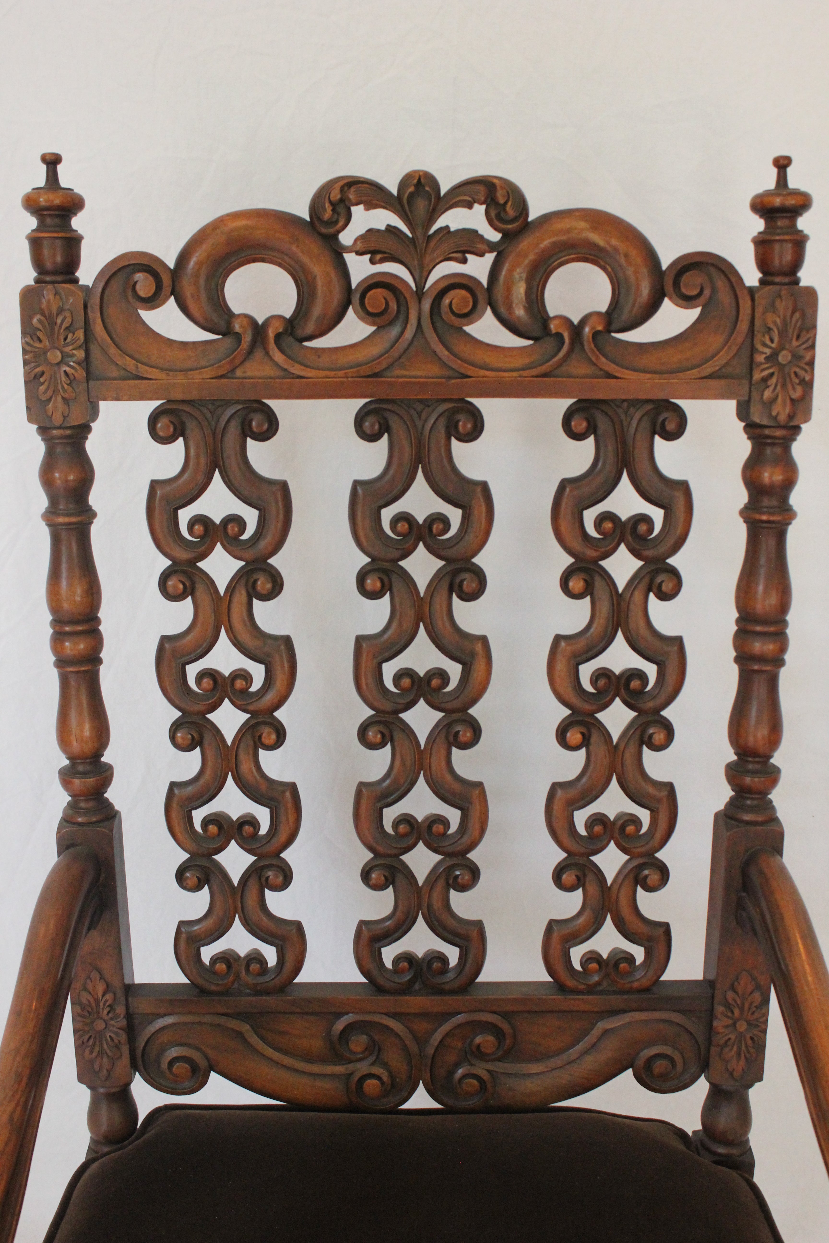 AF2-223: Antique Early 20th Century Heavily Carved Walnut Charles II Style Open Arm Chair