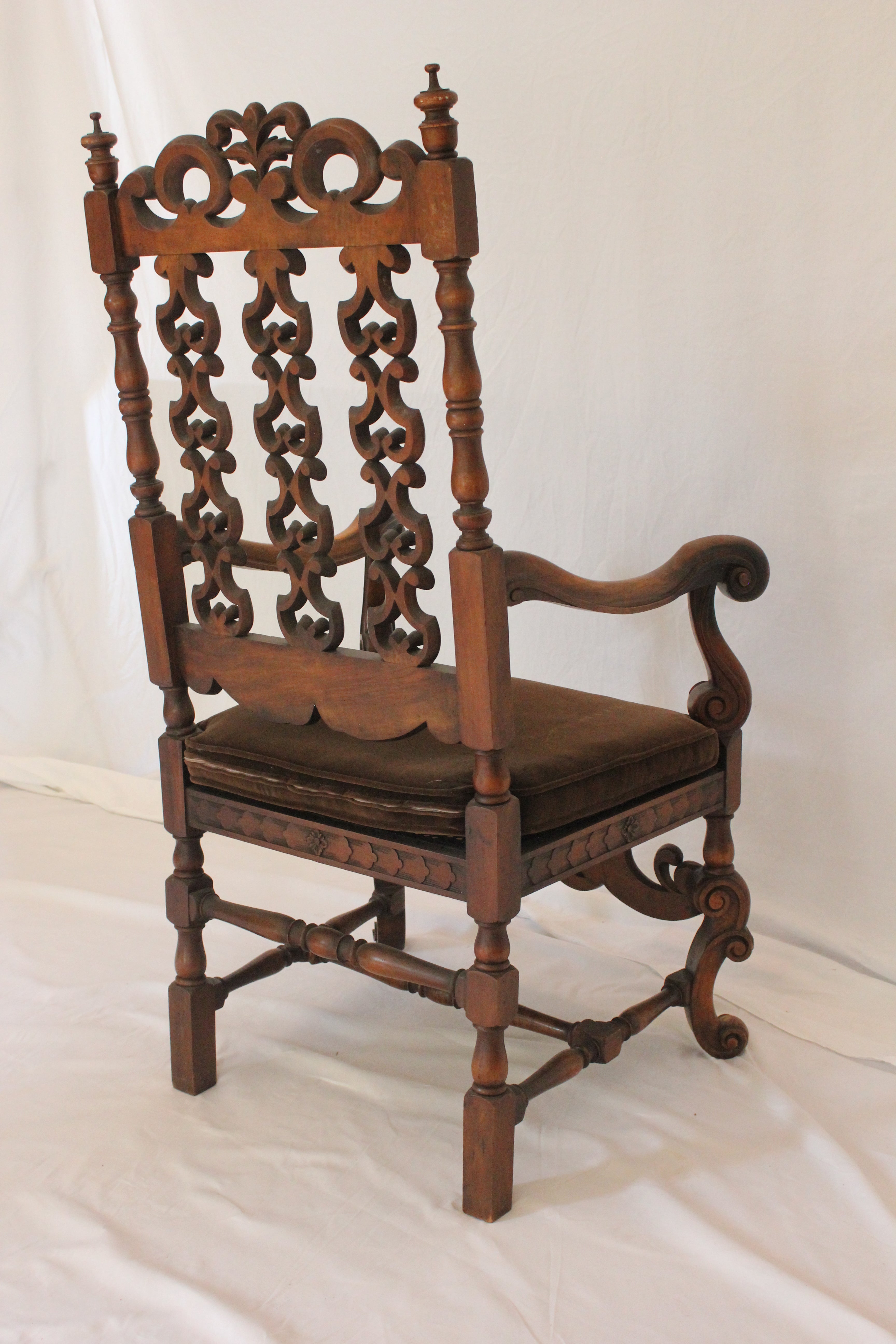 AF2-223: Antique Early 20th Century Heavily Carved Walnut Charles II Style Open Arm Chair