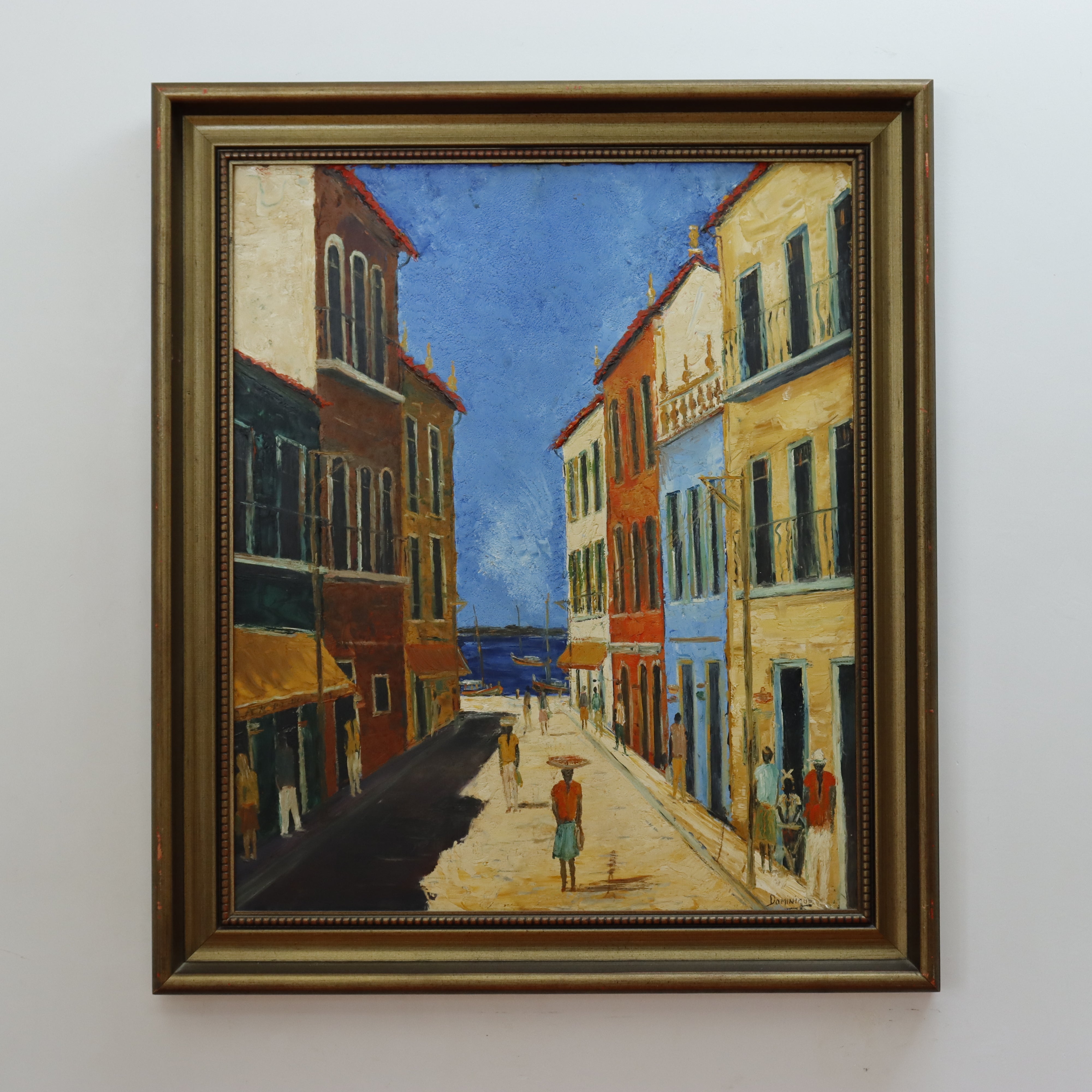 AW005: Salvador Brazilian Street to Bay of Bahia Oil on Board Signed Dominique