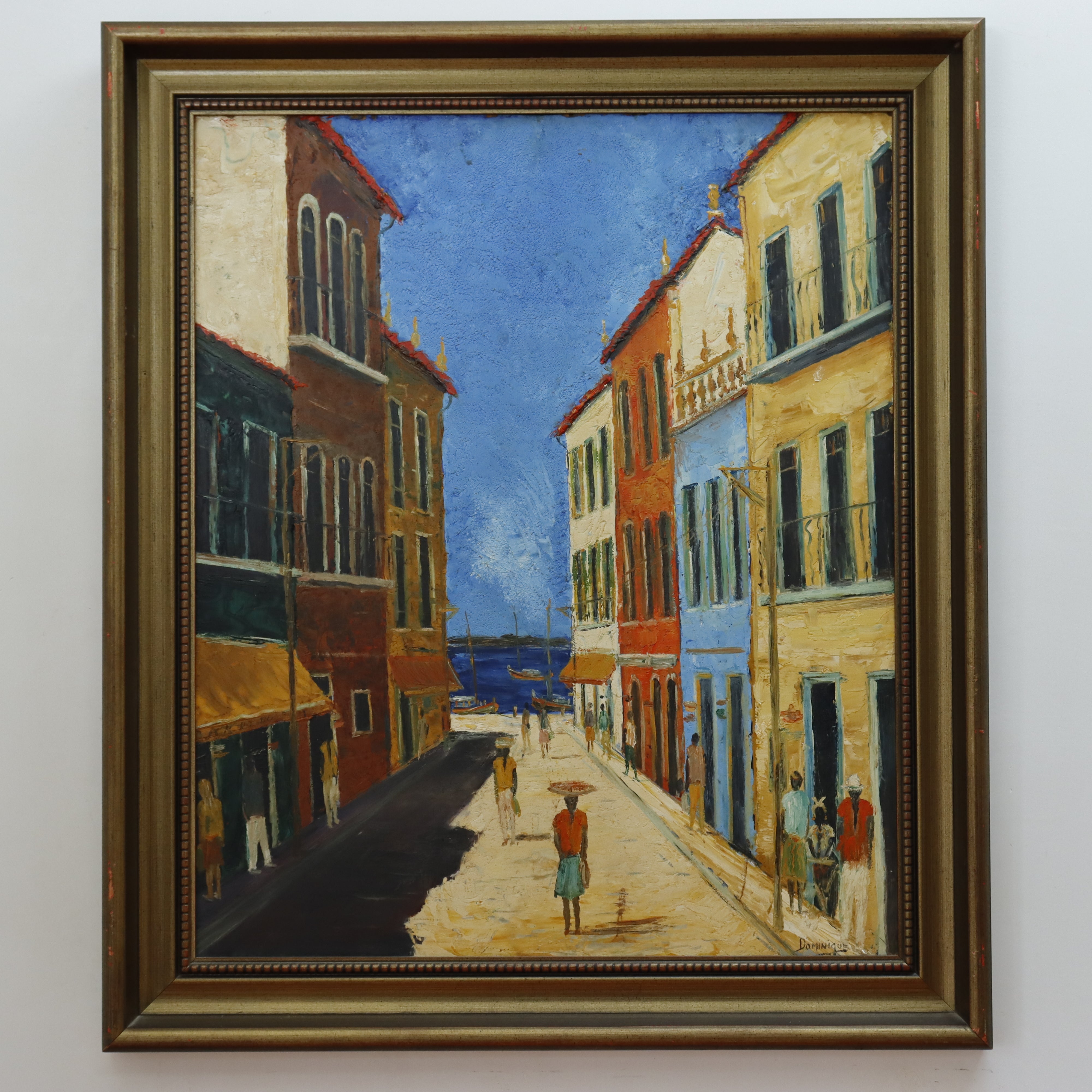 AW005: Salvador Brazilian Street to Bay of Bahia Oil on Board Signed Dominique