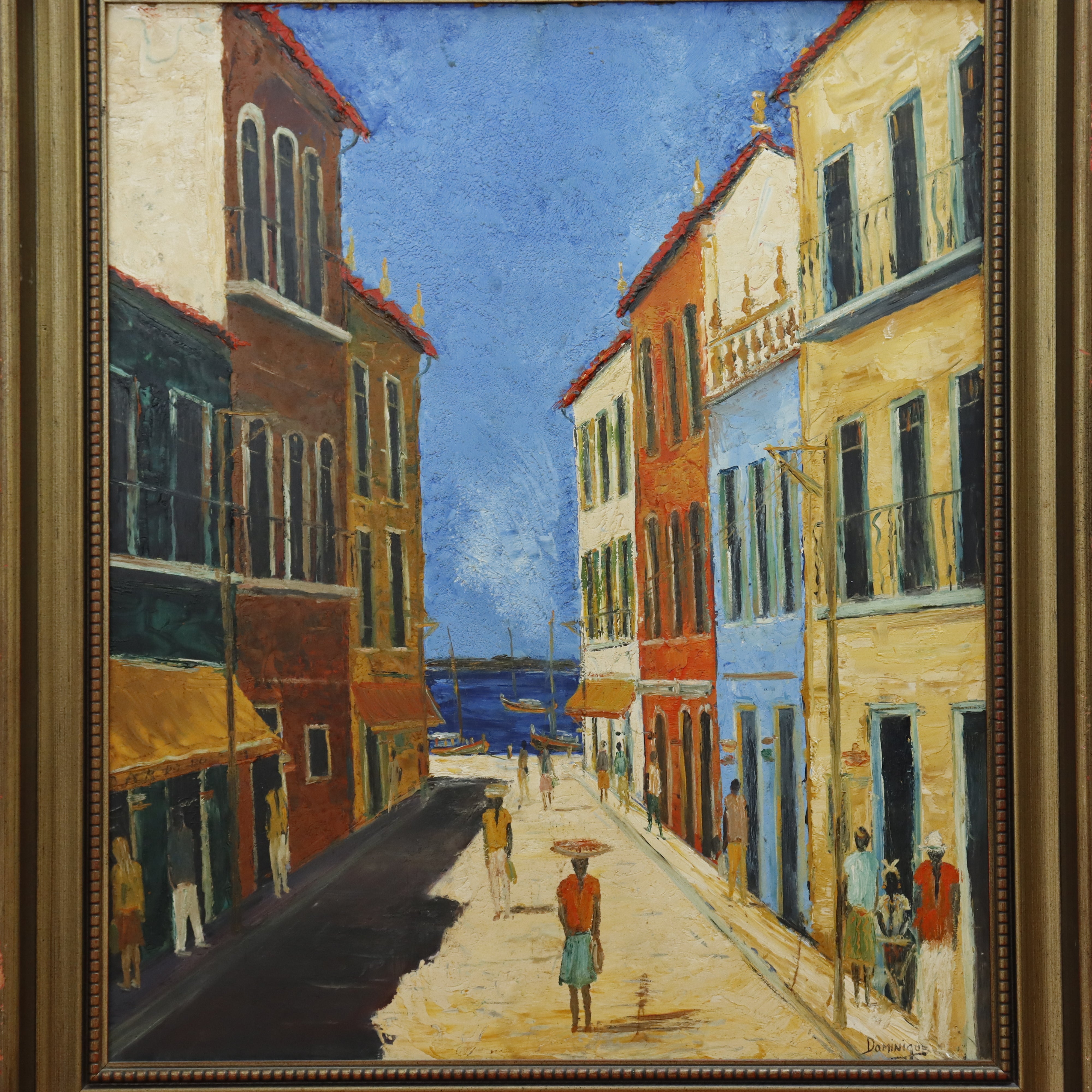 AW005: Salvador Brazilian Street to Bay of Bahia Oil on Board Signed Dominique
