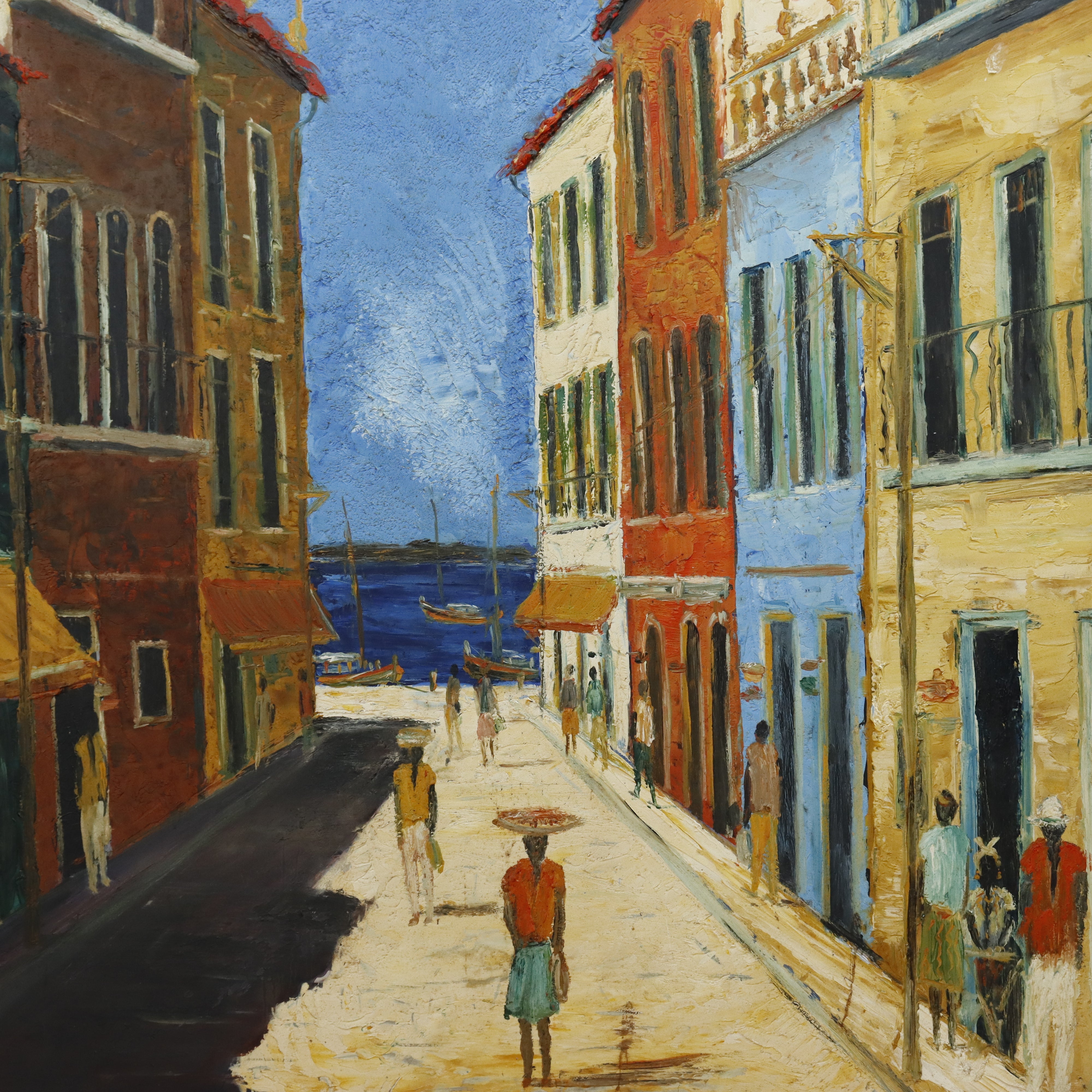 AW005: Salvador Brazilian Street to Bay of Bahia Oil on Board Signed Dominique