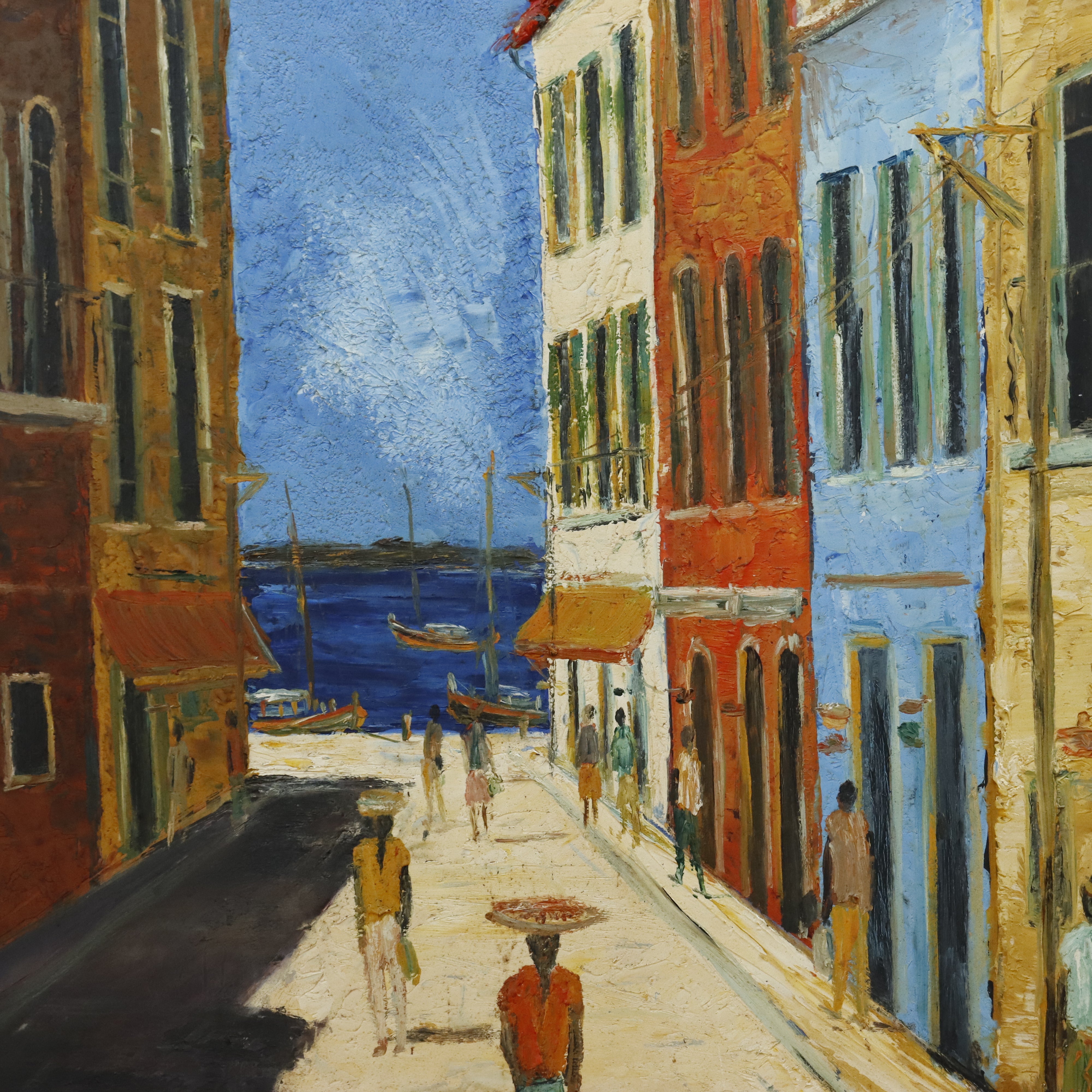 AW005: Salvador Brazilian Street to Bay of Bahia Oil on Board Signed Dominique