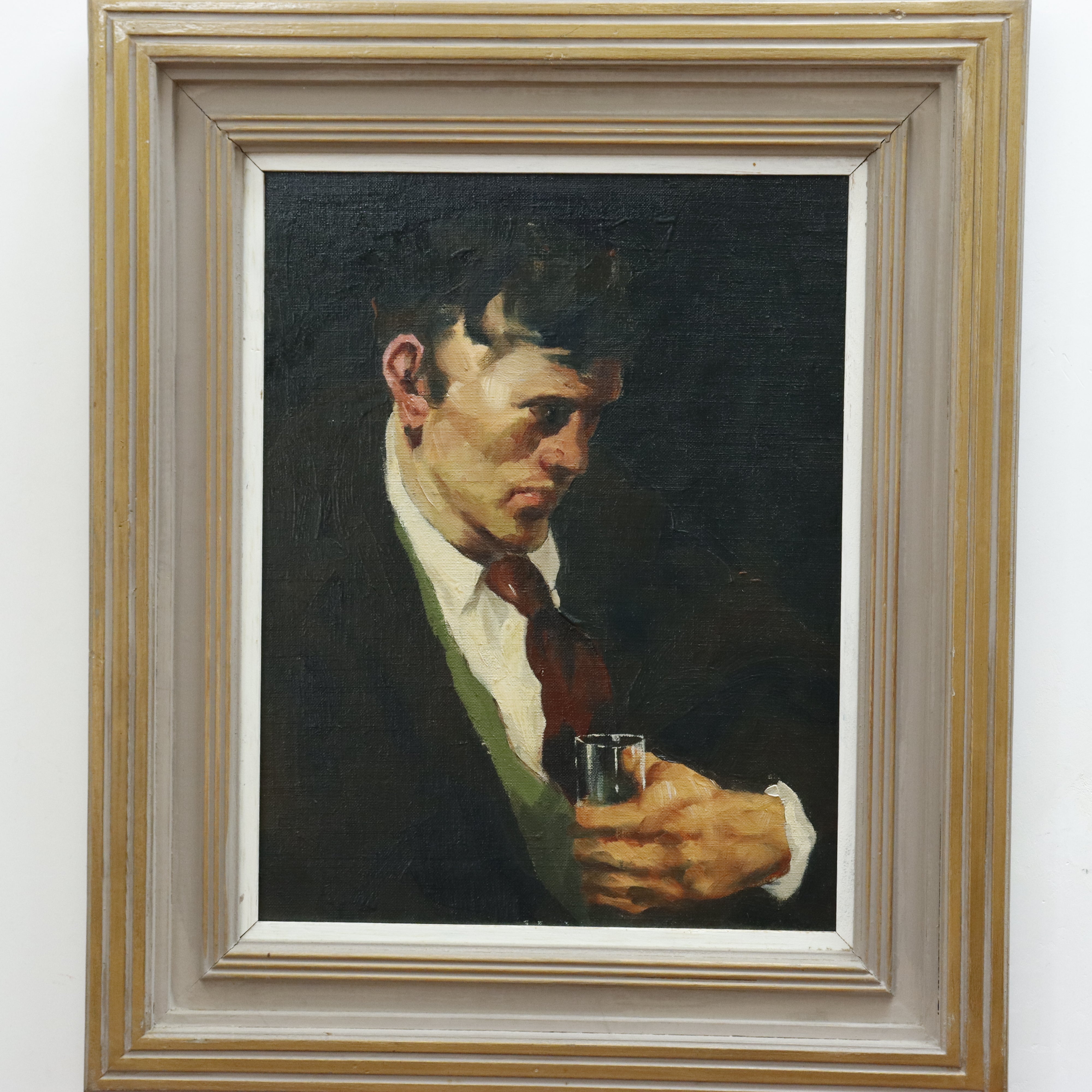 AW915: John R Grabich "Boy With Drinking Glass" Oil Painting