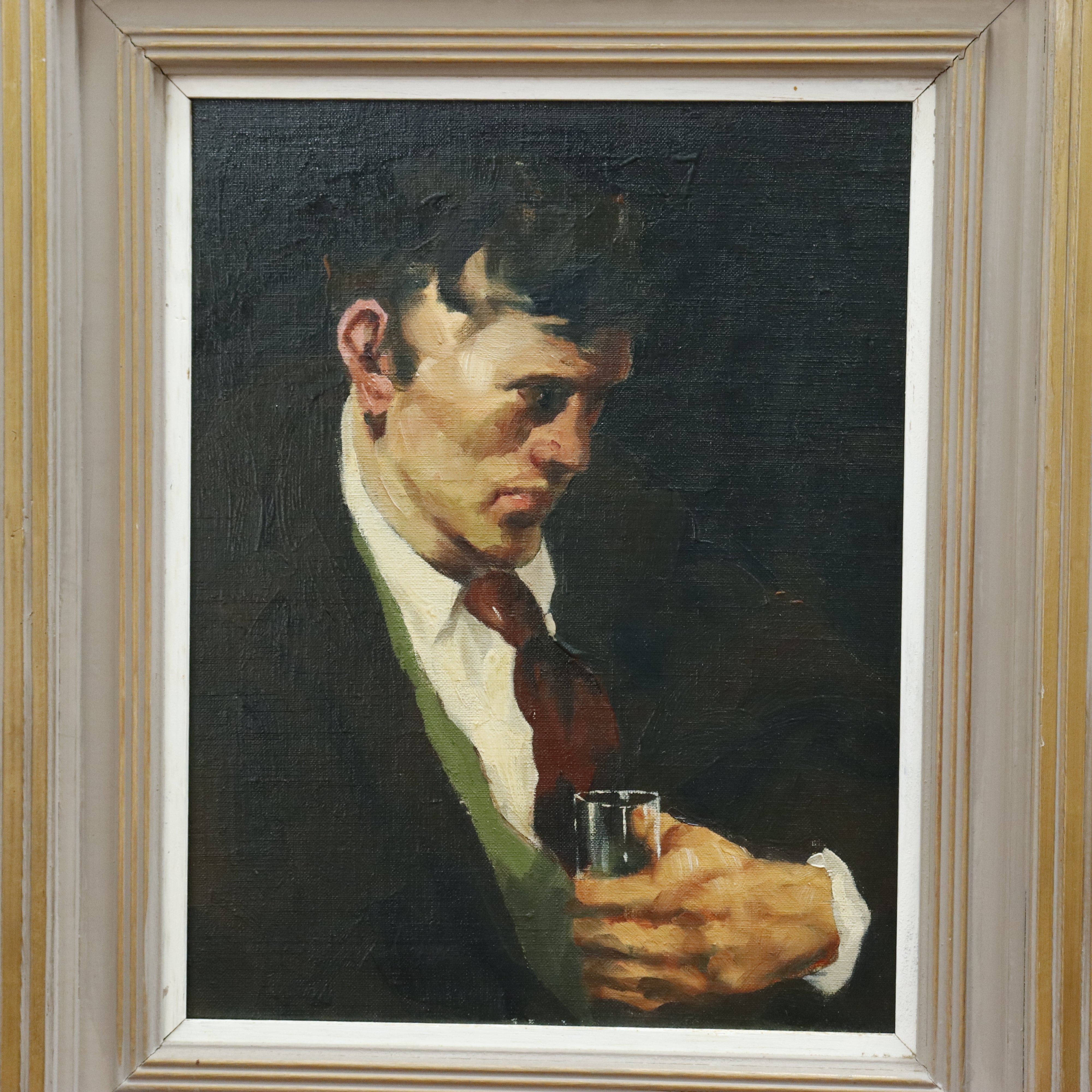 AW915: John R Grabich "Boy With Drinking Glass" Oil Painting