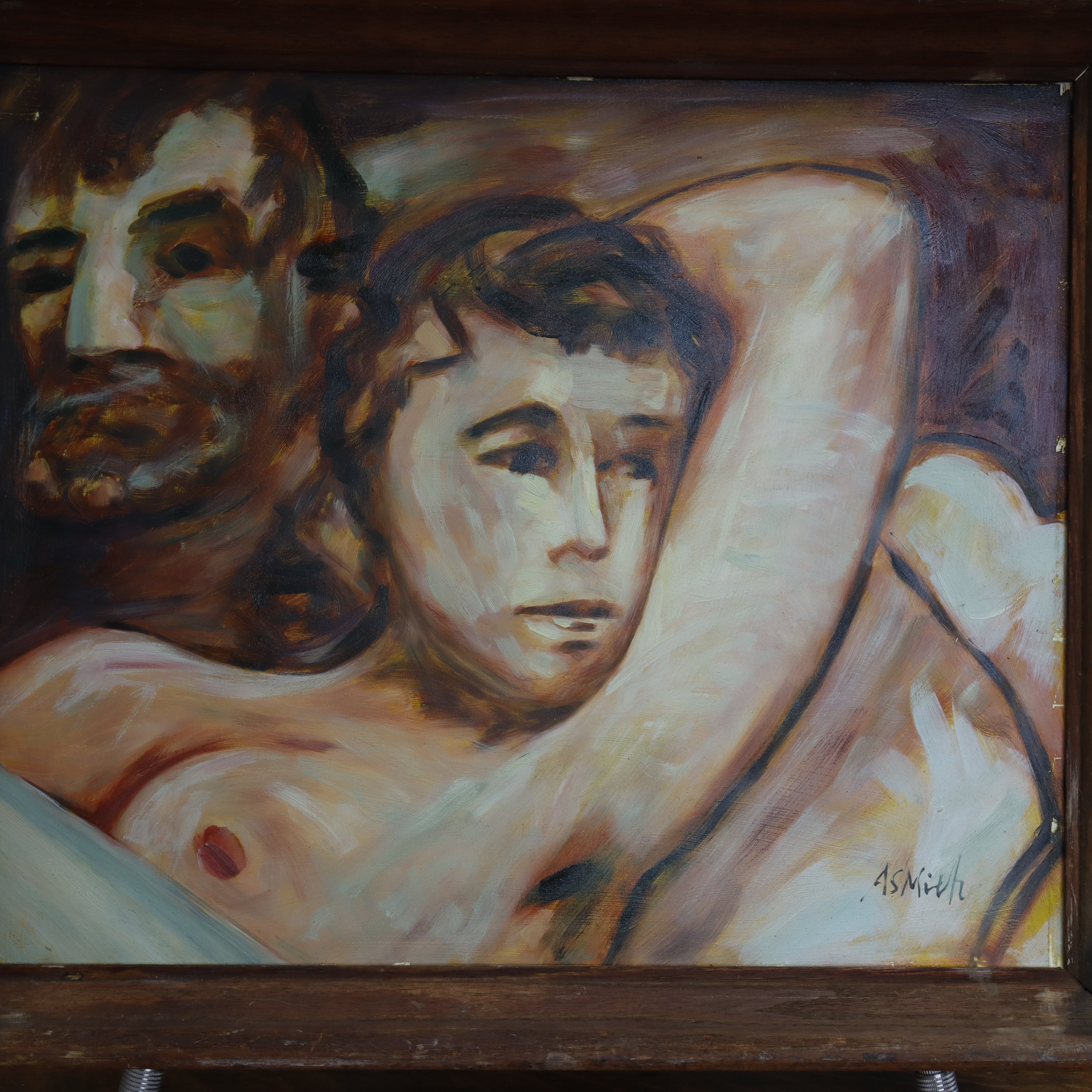 AW916: Arthur Smith "Lovers" Oil on Board Painting Circa 1960's