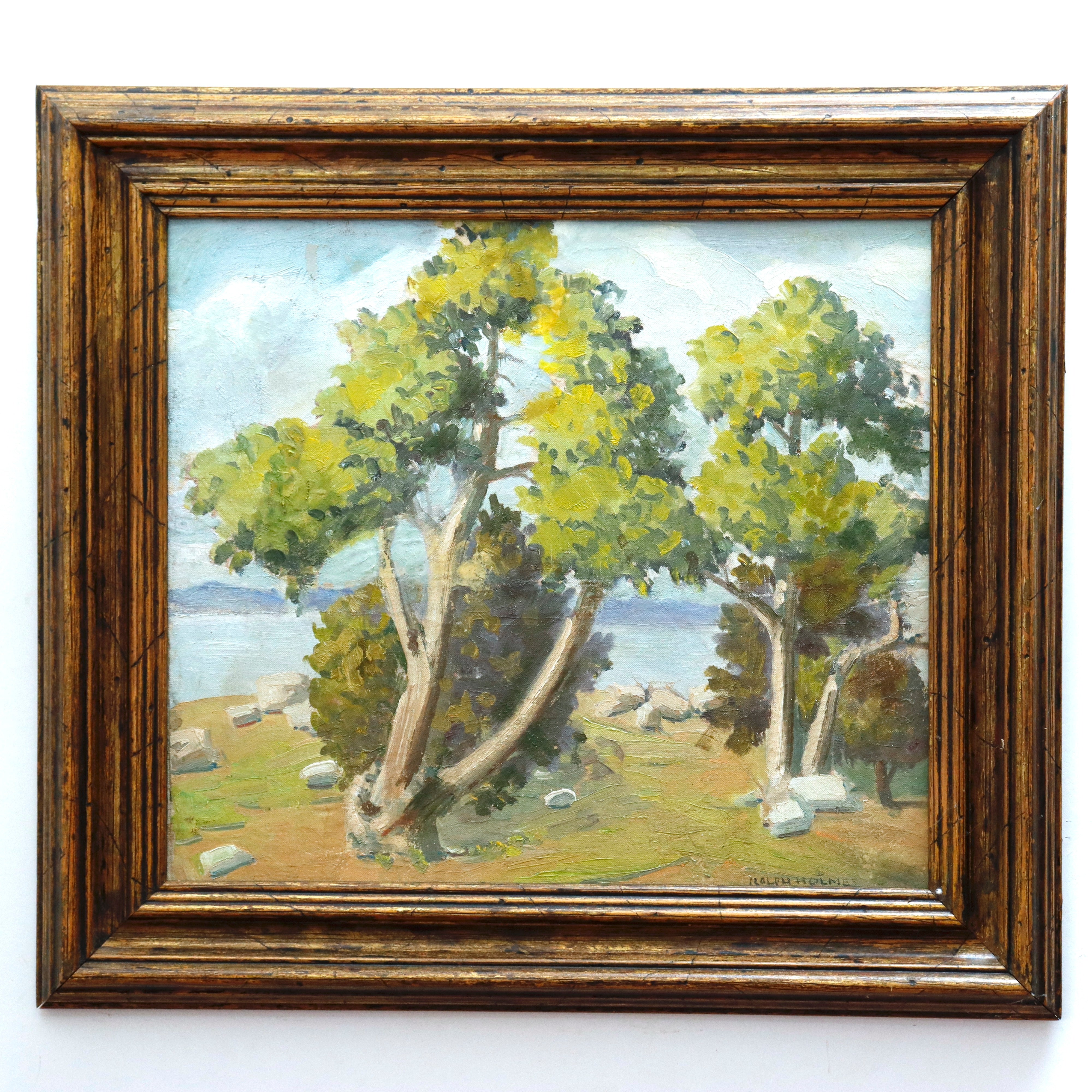 AW917: Ralph Holmes California Impressionist Plein Air Landscape Oil on Board Painting Early 20th Century