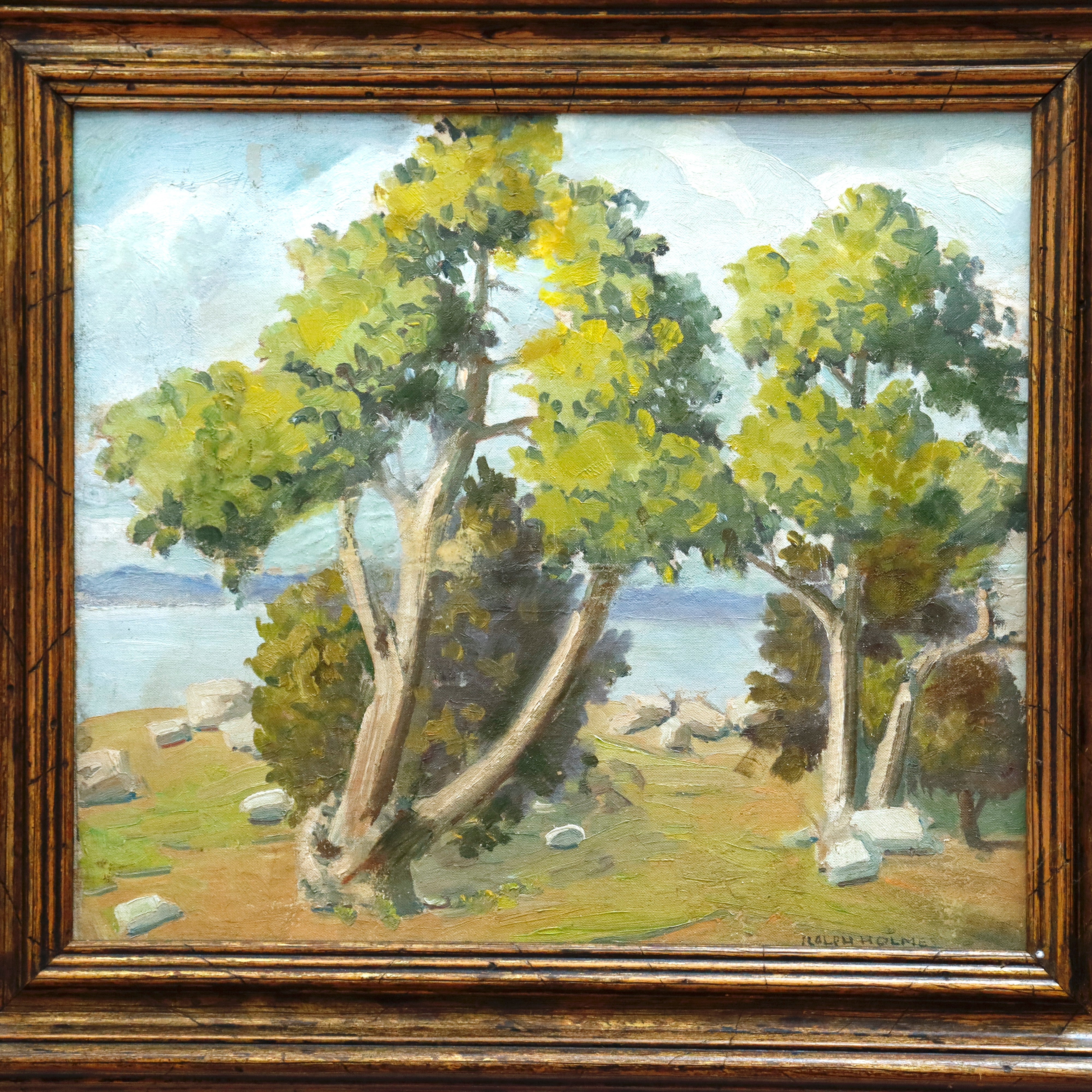 AW917: Ralph Holmes California Impressionist Plein Air Landscape Oil on Board Painting Early 20th Century