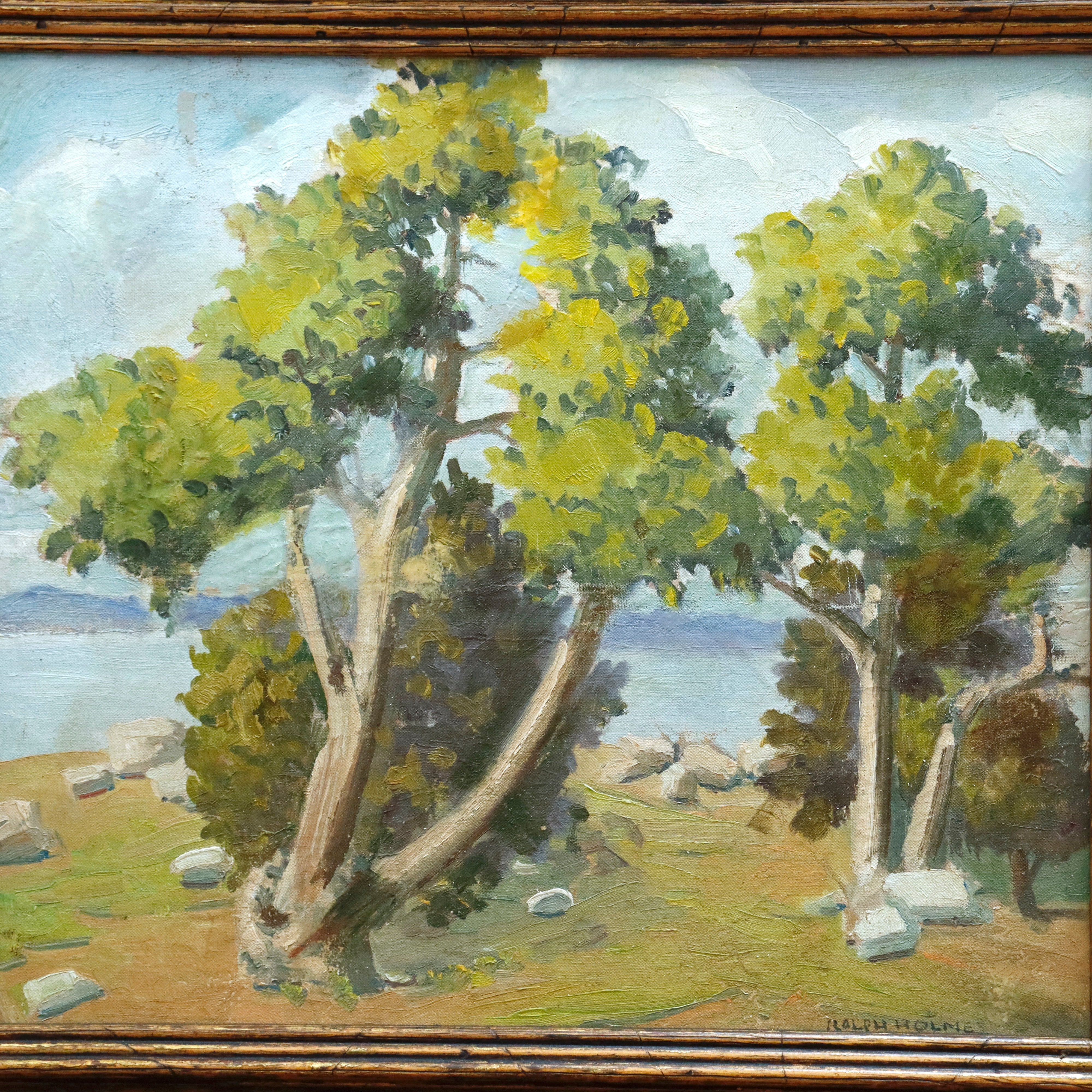 AW917: Ralph Holmes California Impressionist Plein Air Landscape Oil on Board Painting Early 20th Century