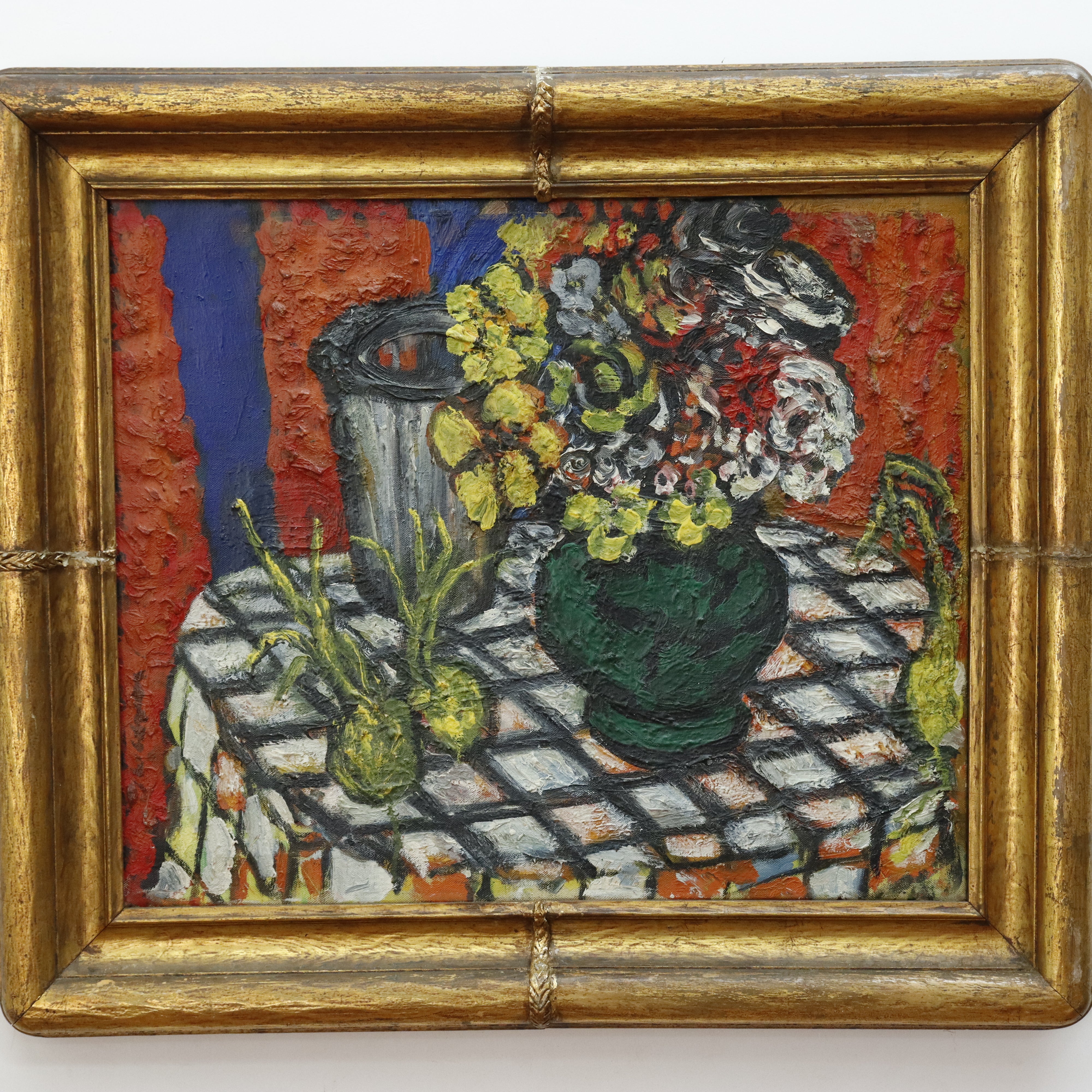 AW360: Sacha Moldovan Still Life Vase of Flowers on Checkered Table Cloth Oil on Canvas Circa 1963
