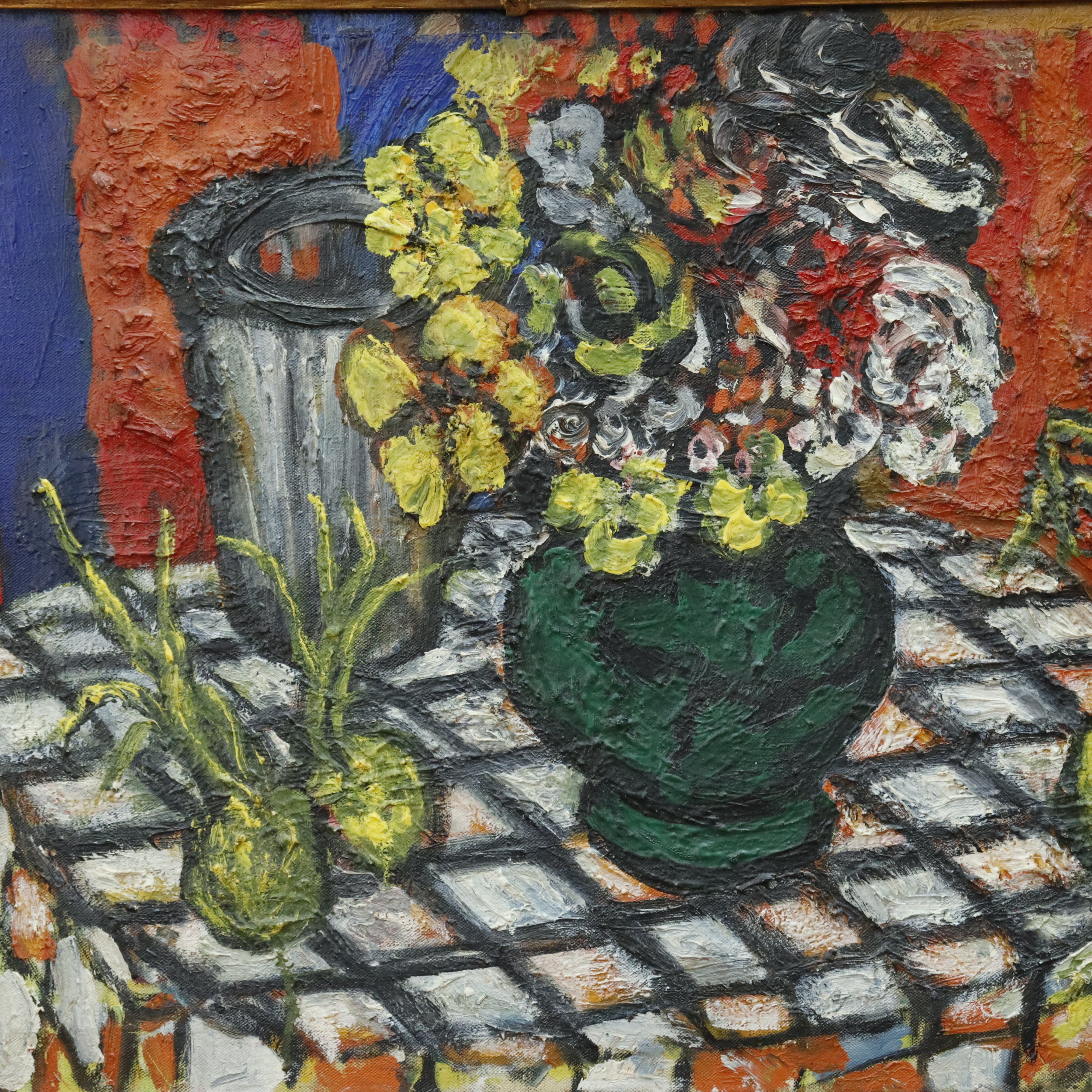 AW360: Sacha Moldovan Still Life Vase of Flowers on Checkered Table Cloth Oil on Canvas Circa 1963