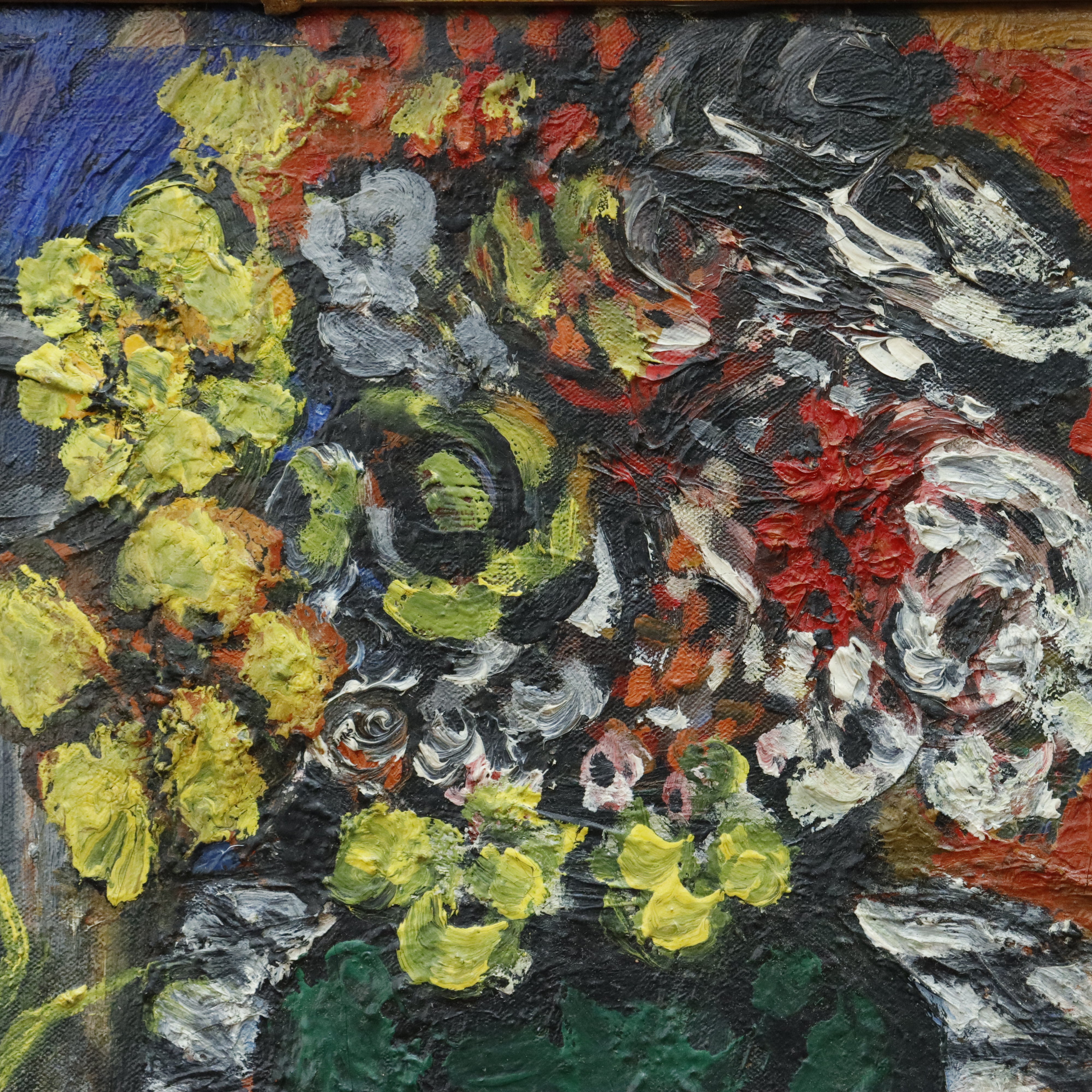 AW360: Sacha Moldovan Still Life Vase of Flowers on Checkered Table Cloth Oil on Canvas Circa 1963