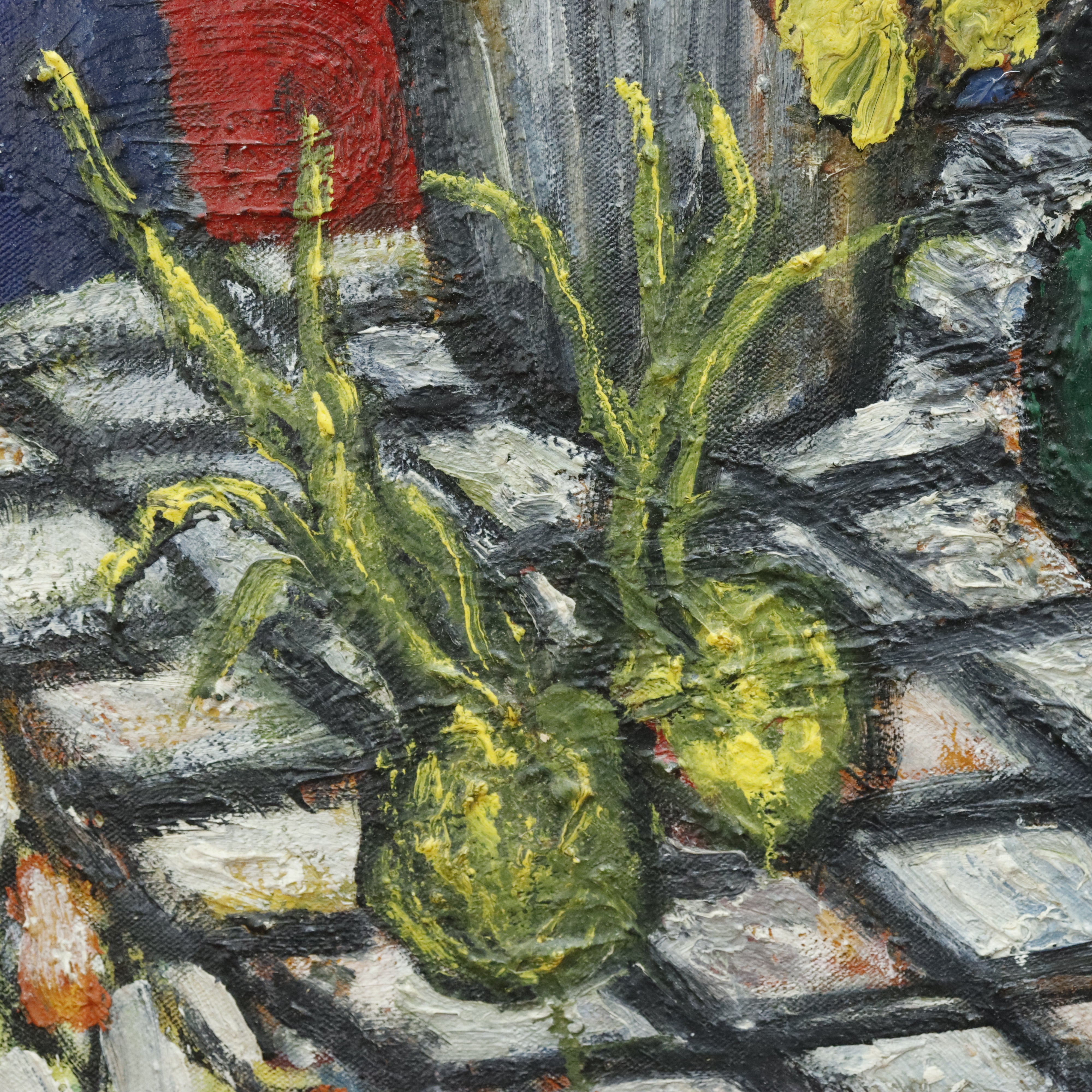 AW360: Sacha Moldovan Still Life Vase of Flowers on Checkered Table Cloth Oil on Canvas Circa 1963