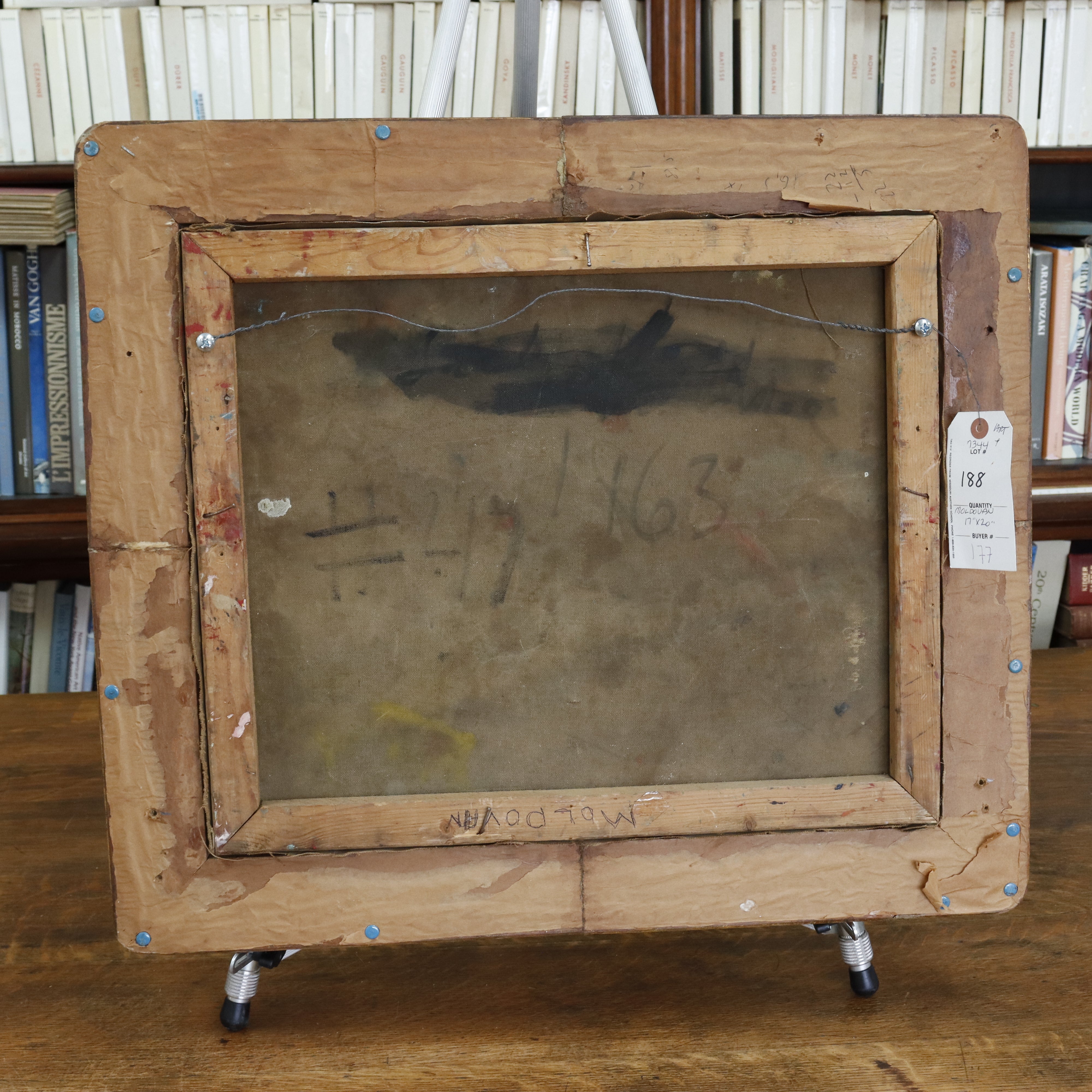 AW360: Sacha Moldovan Still Life Vase of Flowers on Checkered Table Cloth Oil on Canvas Circa 1963