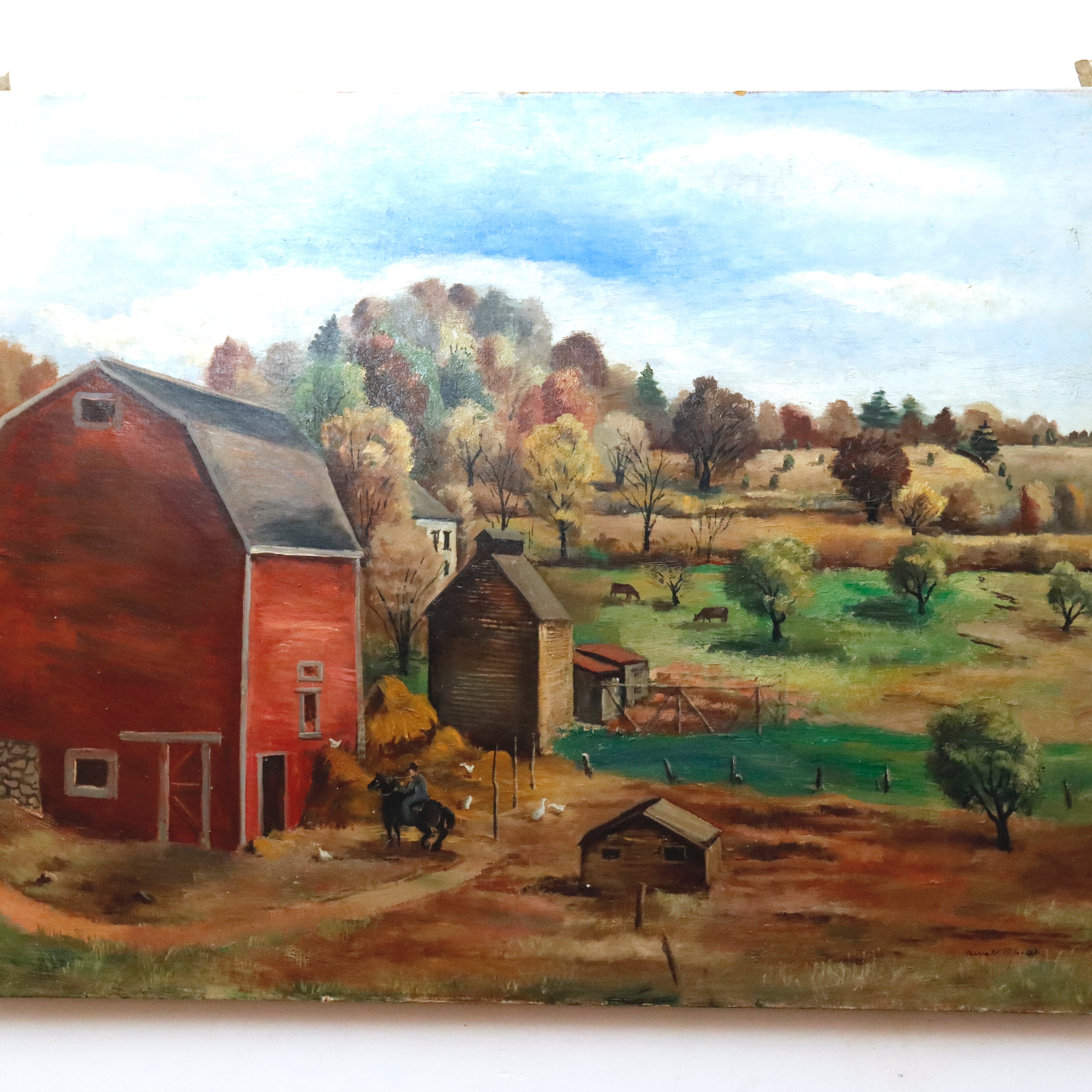 AW921: Arnold Blanch Antique Regionalist WPA  "Landscape With Red Barn" Woodstock New York Oil on Canvas Painting