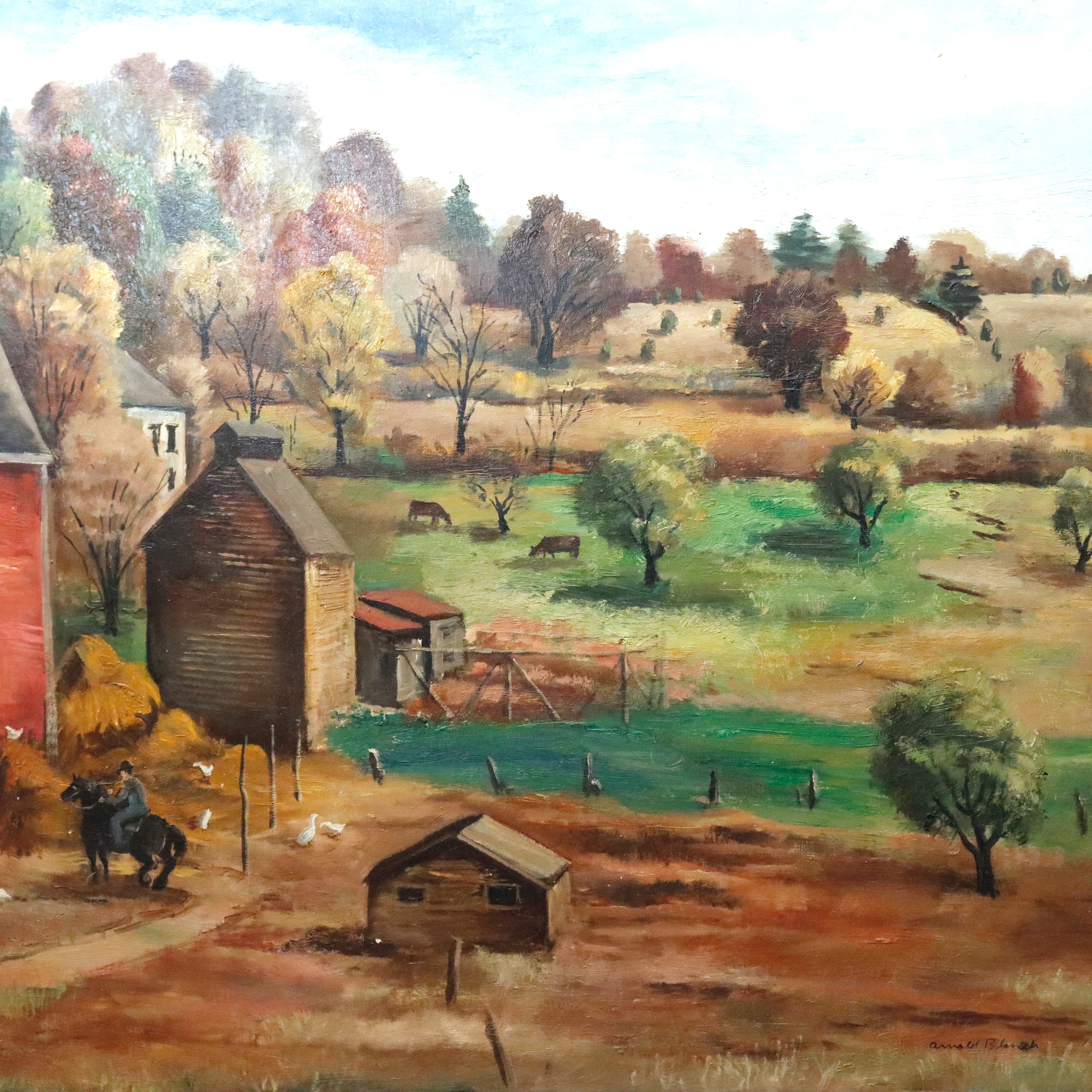 AW921: Arnold Blanch Antique Regionalist WPA  "Landscape With Red Barn" Woodstock New York Oil on Canvas Painting