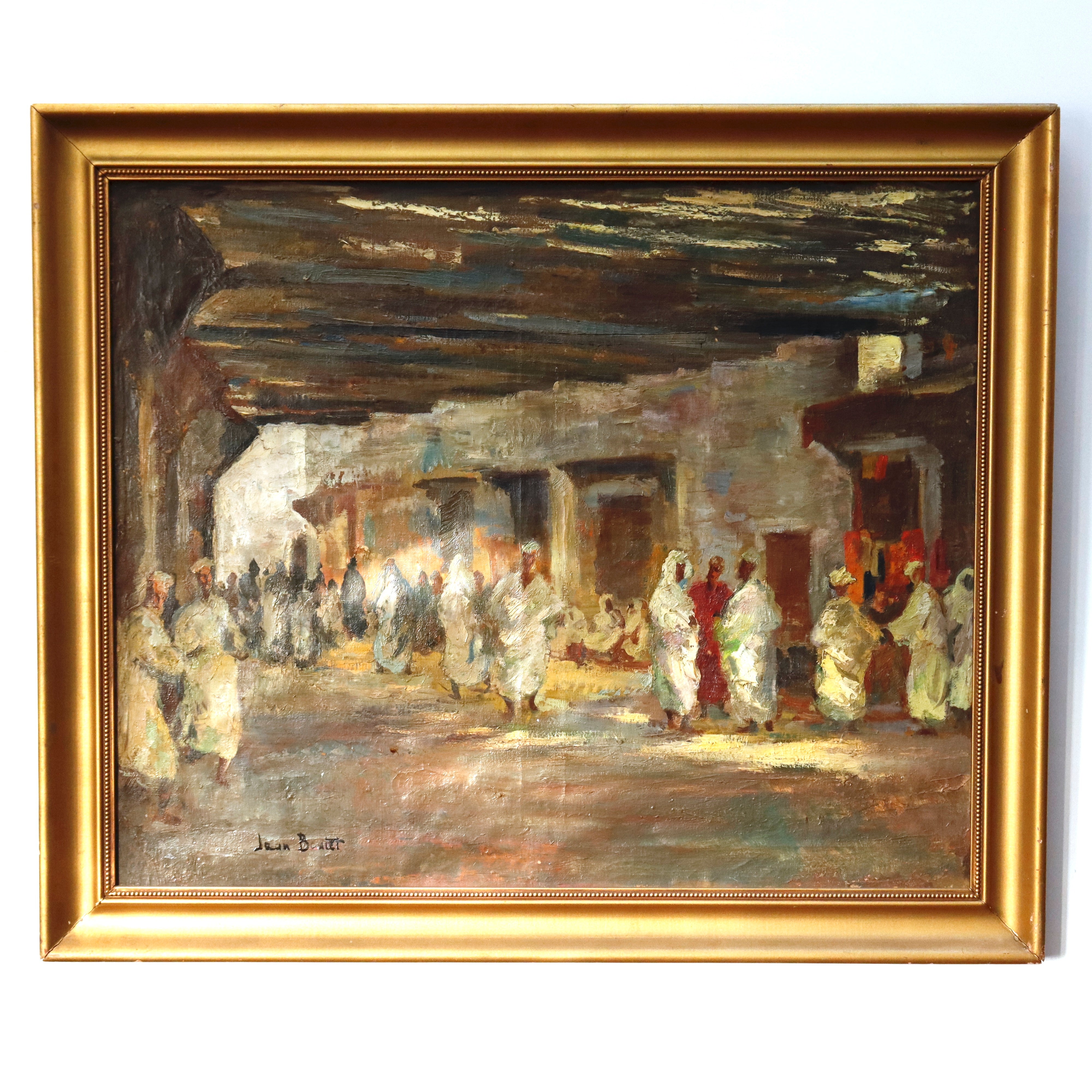 AW922: Jean Boutet Arab Bazar Impressionist Oil on Canvas Painting Mid 20th Century
