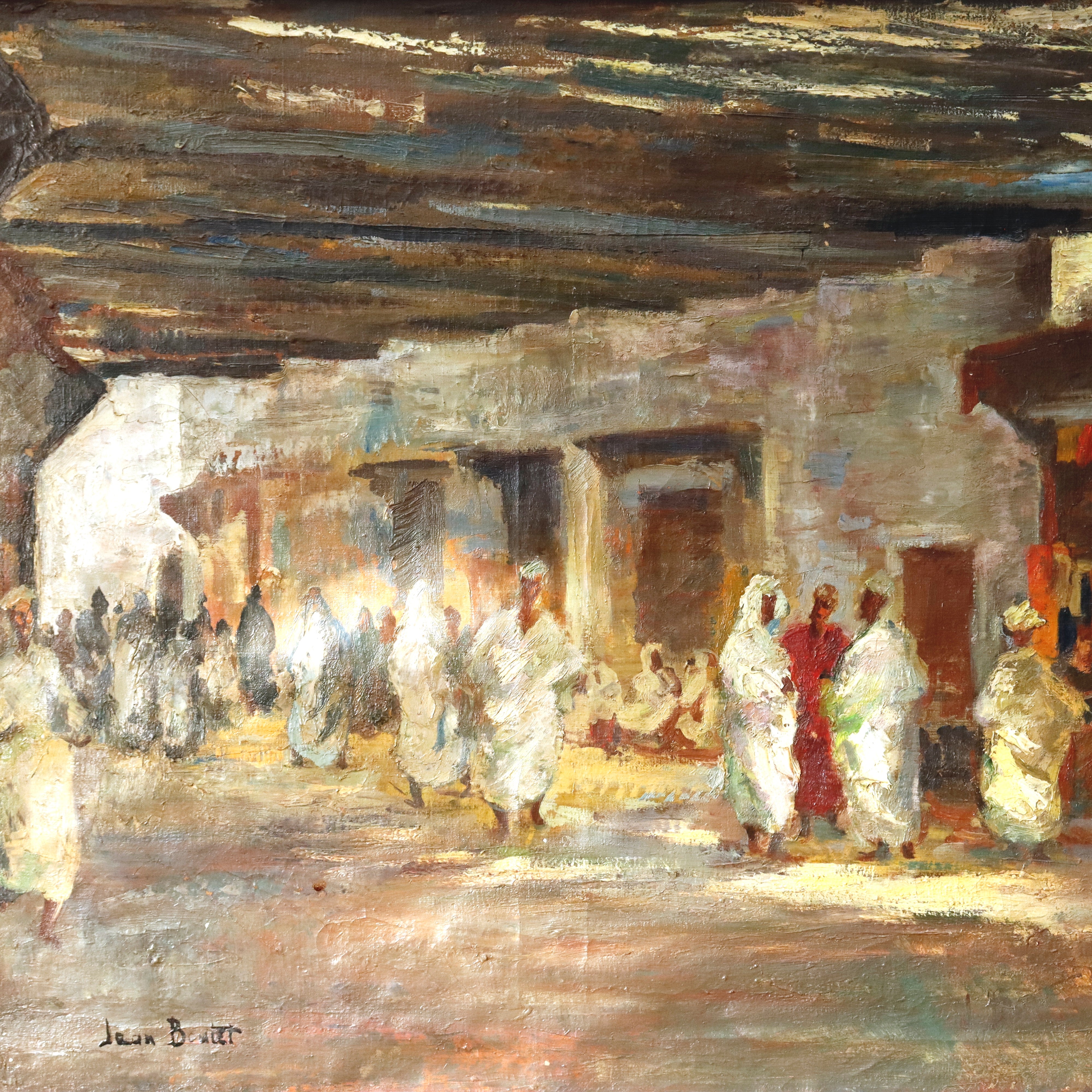 AW922: Jean Boutet Arab Bazar Impressionist Oil on Canvas Painting Mid 20th Century