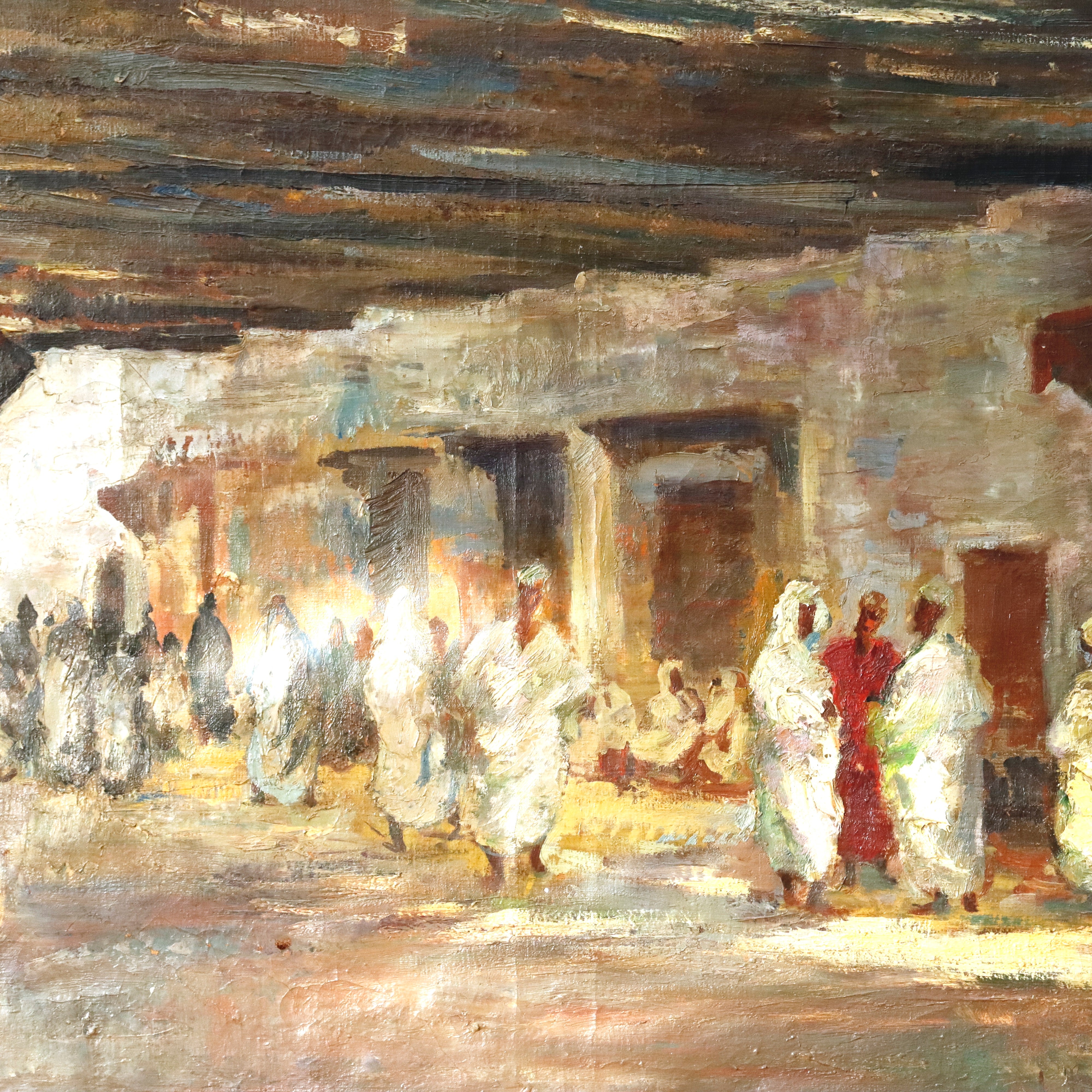 AW922: Jean Boutet Arab Bazar Impressionist Oil on Canvas Painting Mid 20th Century