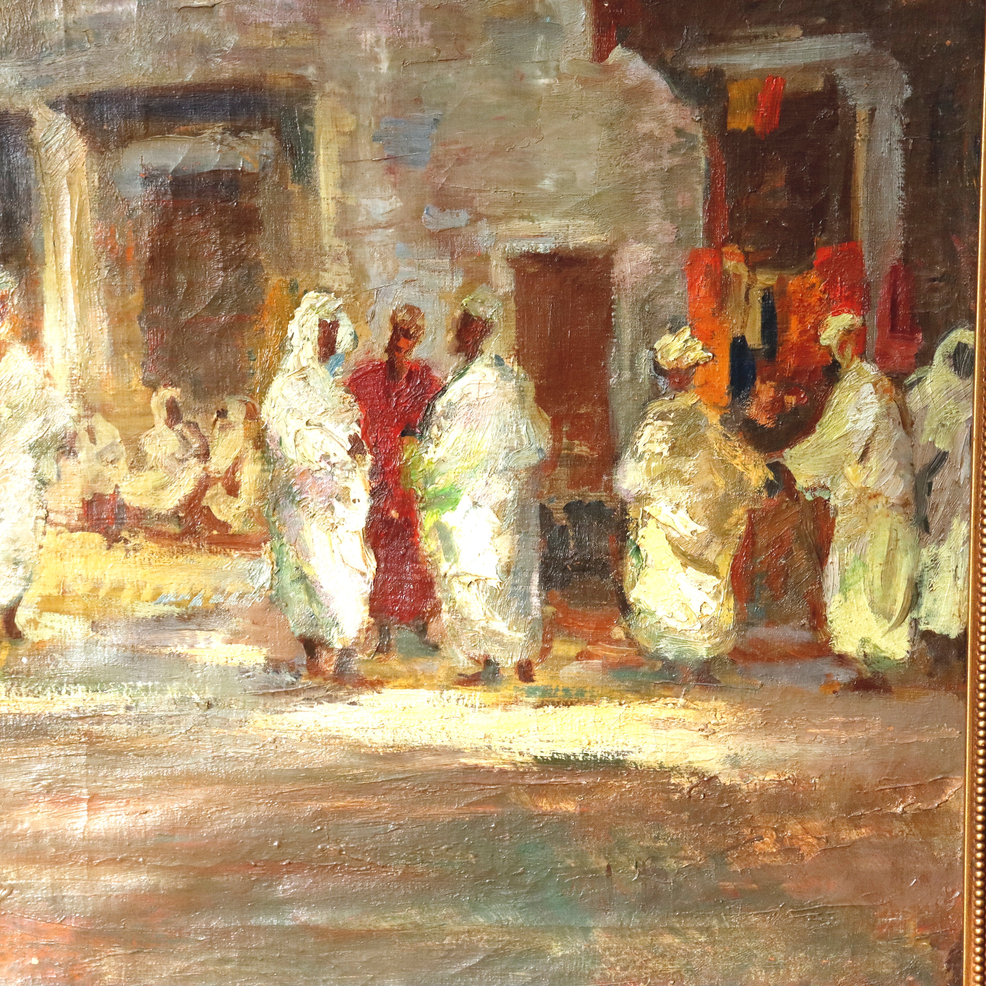 AW922: Jean Boutet Arab Bazar Impressionist Oil on Canvas Painting Mid 20th Century