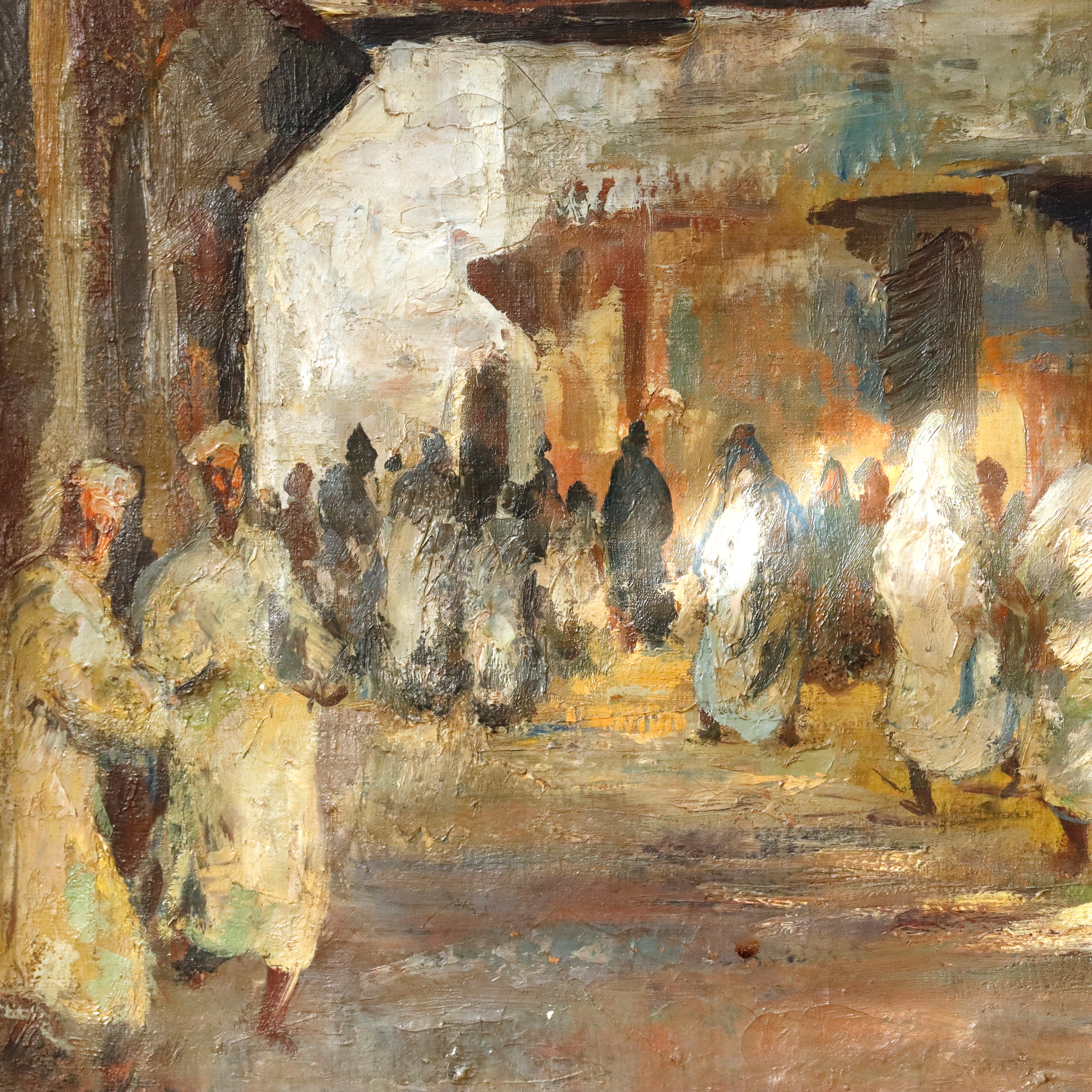 AW922: Jean Boutet Arab Bazar Impressionist Oil on Canvas Painting Mid 20th Century