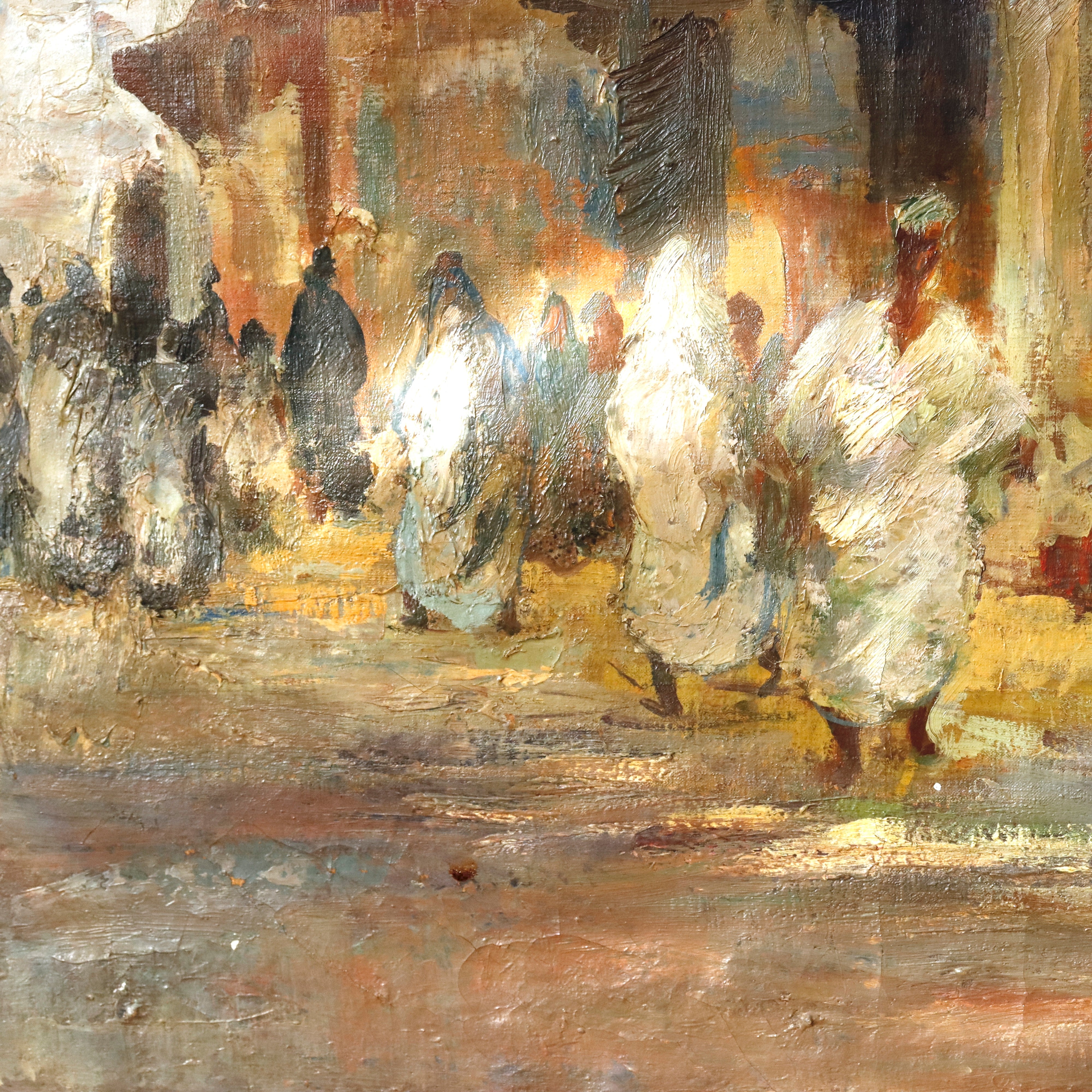 AW922: Jean Boutet Arab Bazar Impressionist Oil on Canvas Painting Mid 20th Century