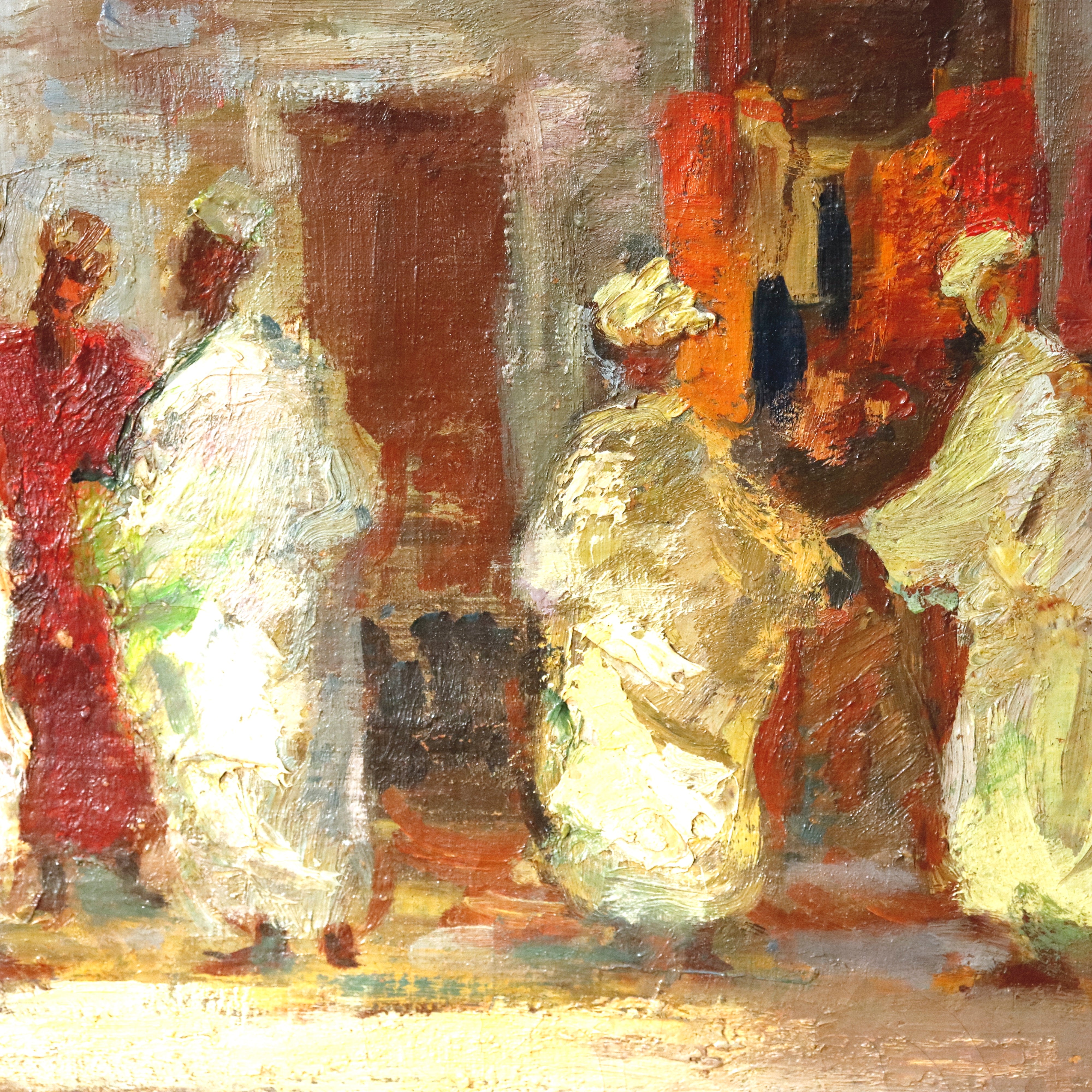 AW922: Jean Boutet Arab Bazar Impressionist Oil on Canvas Painting Mid 20th Century