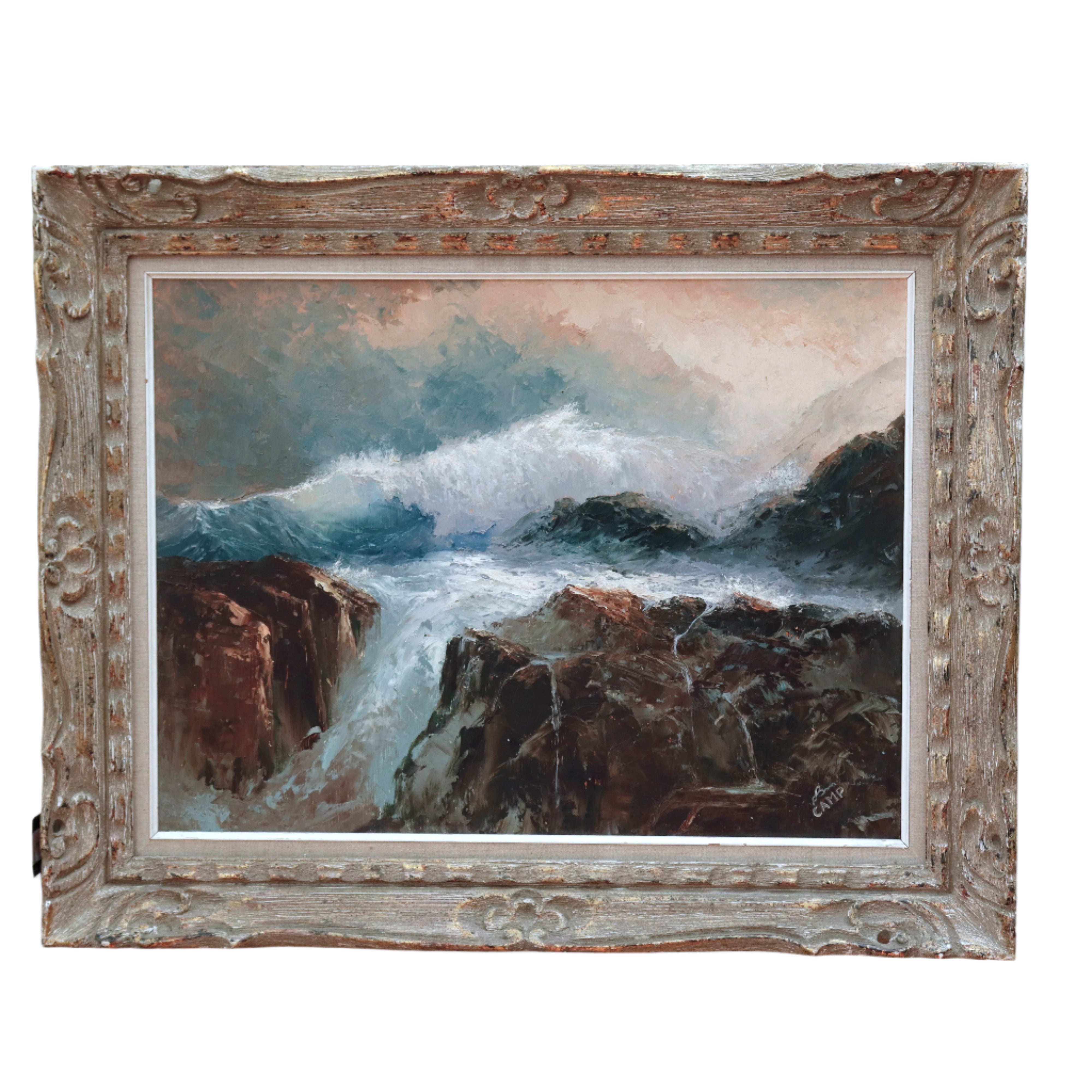 CAMP Coastal Landscape Oil on Masonite Board Mid 20th Century | Work of Man