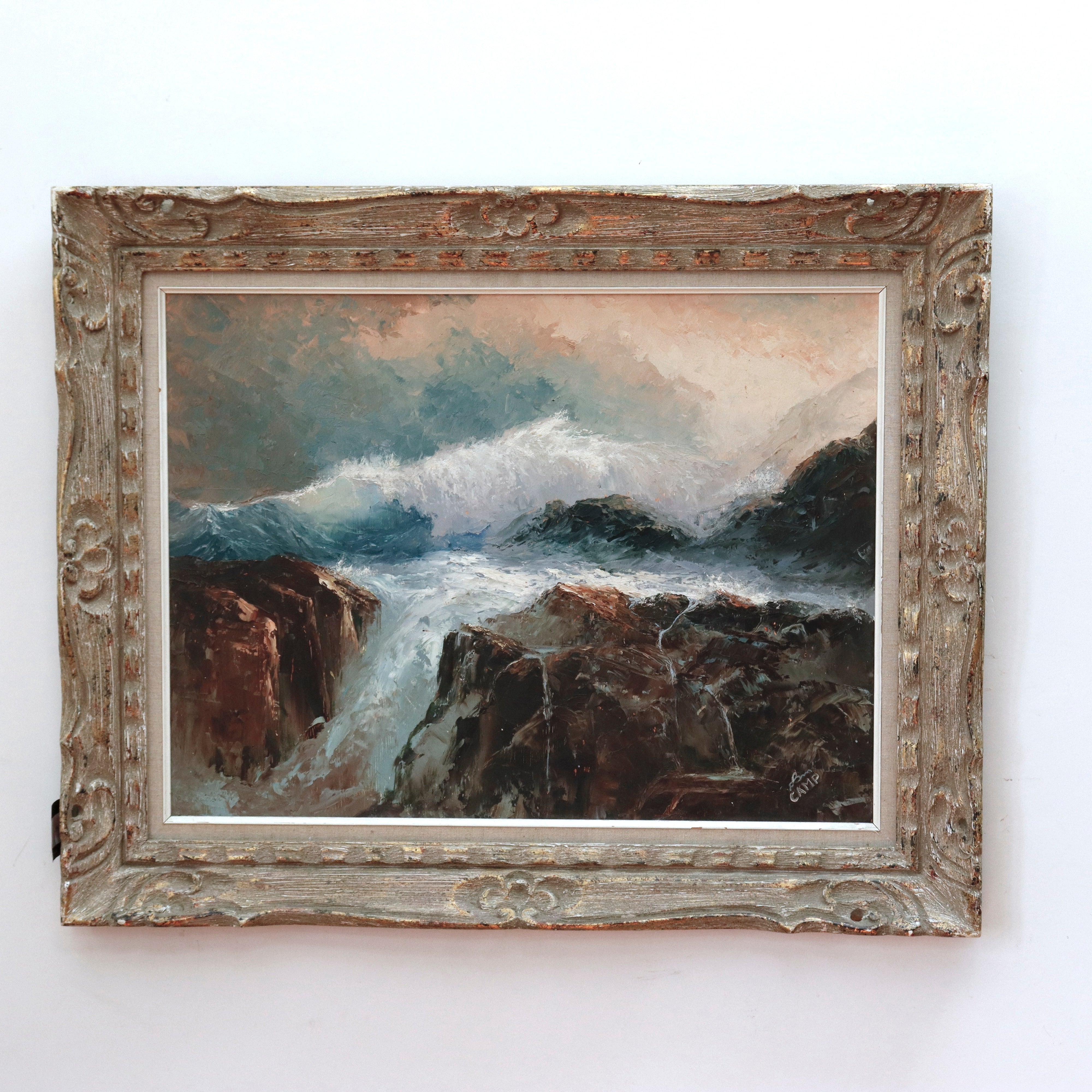 AW923: CAMP Coastal Landscape Oil on Masonite Board Mid 20th Century