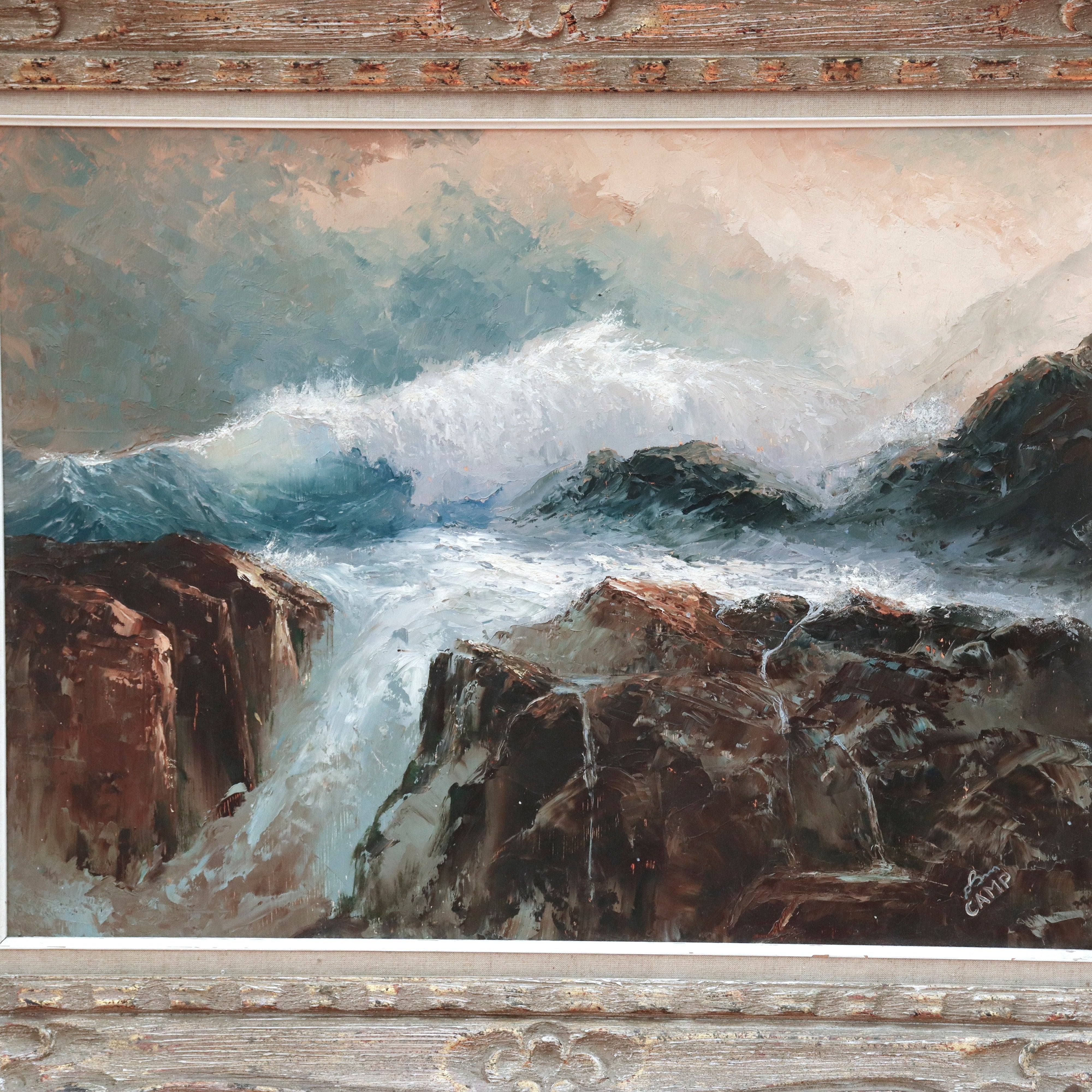 AW923: CAMP Coastal Landscape Oil on Masonite Board Mid 20th Century