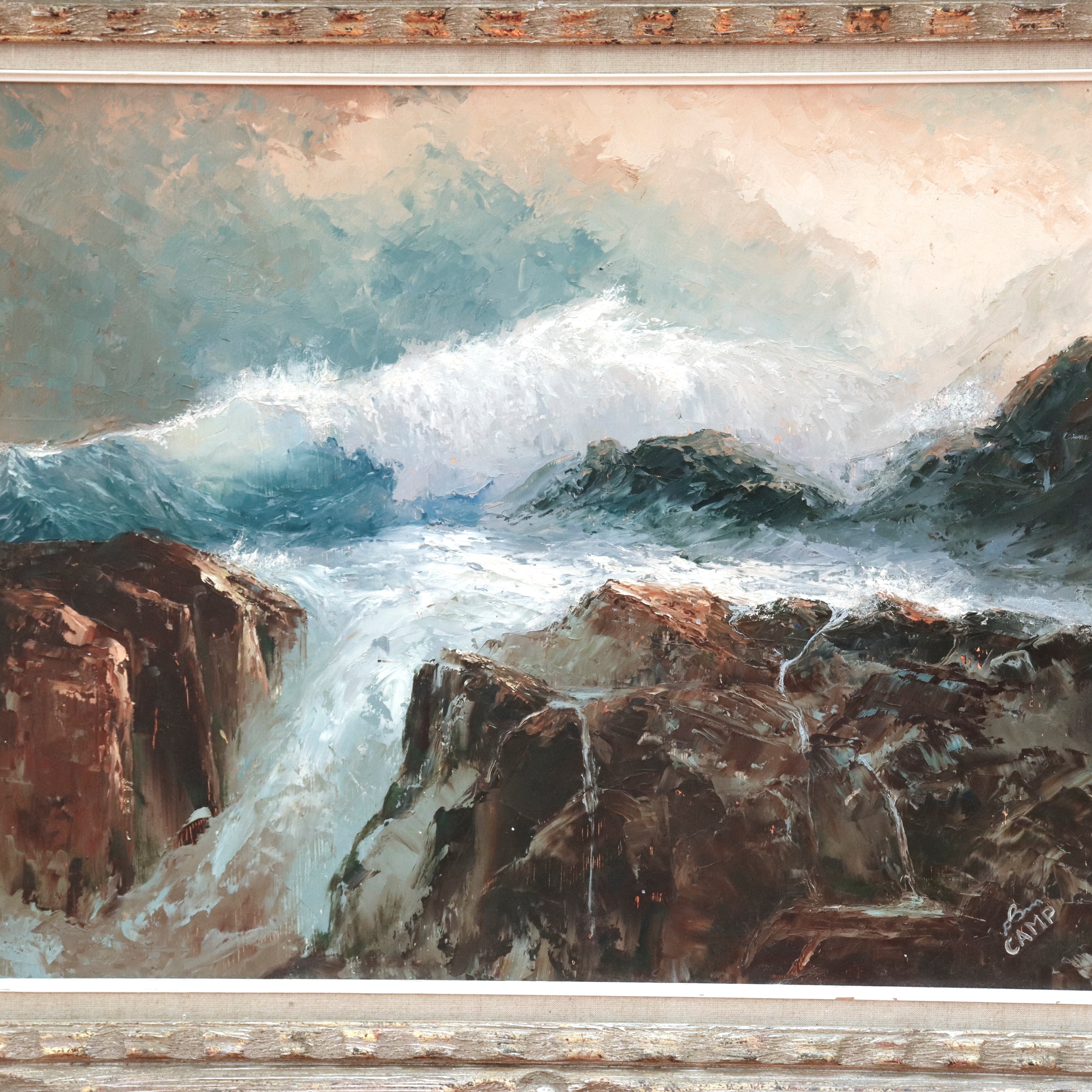 AW923: CAMP Coastal Landscape Oil on Masonite Board Mid 20th Century