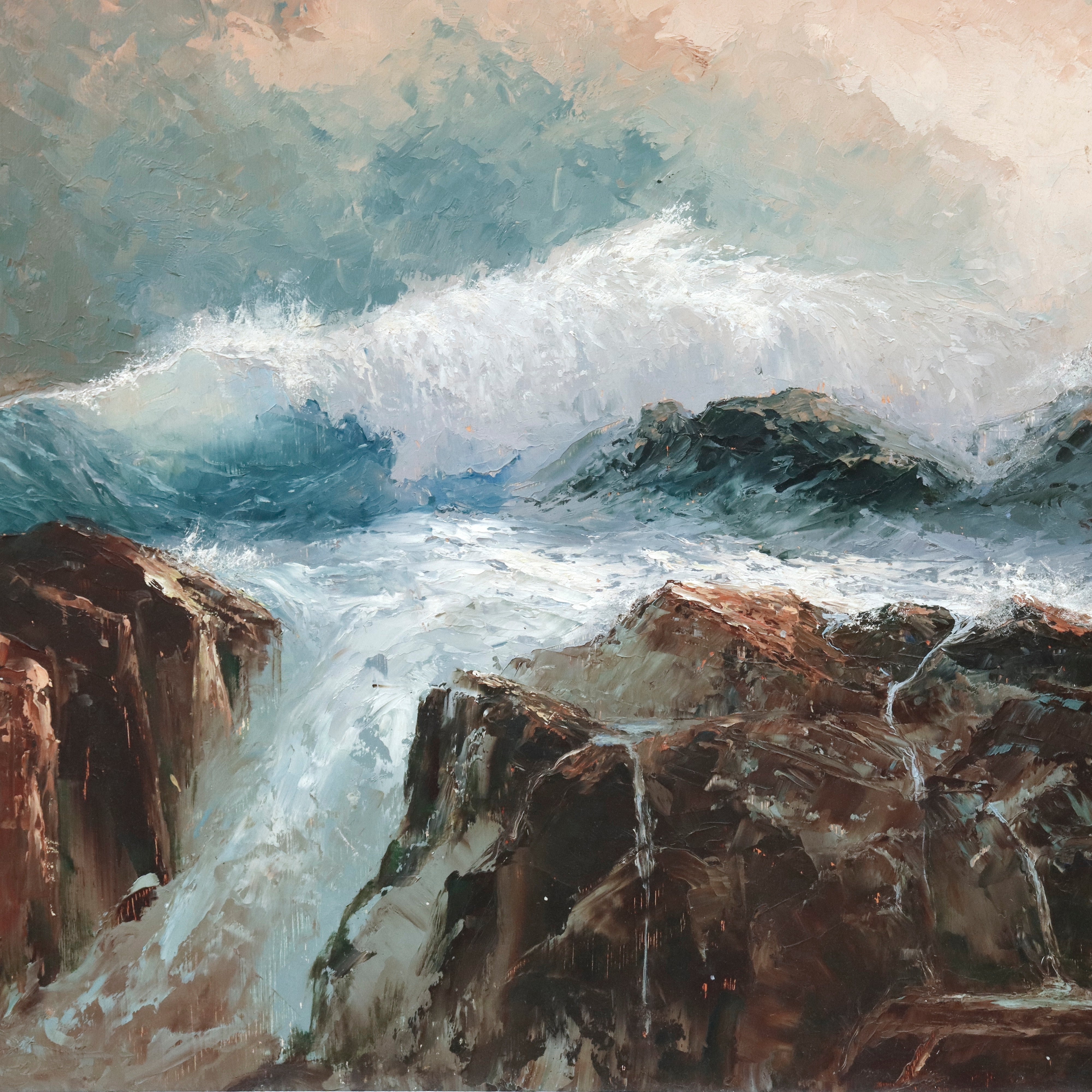 AW923: CAMP Coastal Landscape Oil on Masonite Board Mid 20th Century