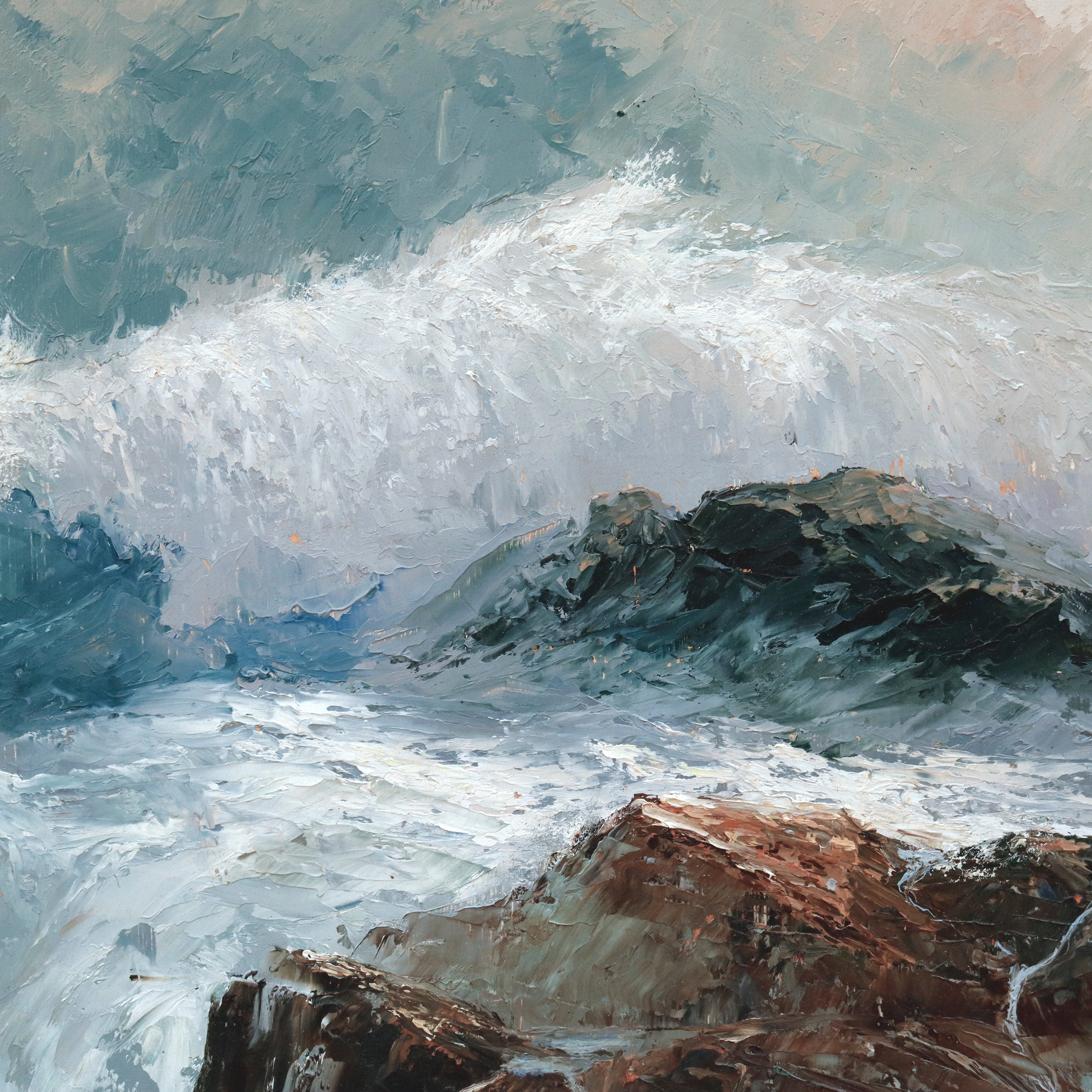 AW923: CAMP Coastal Landscape Oil on Masonite Board Mid 20th Century