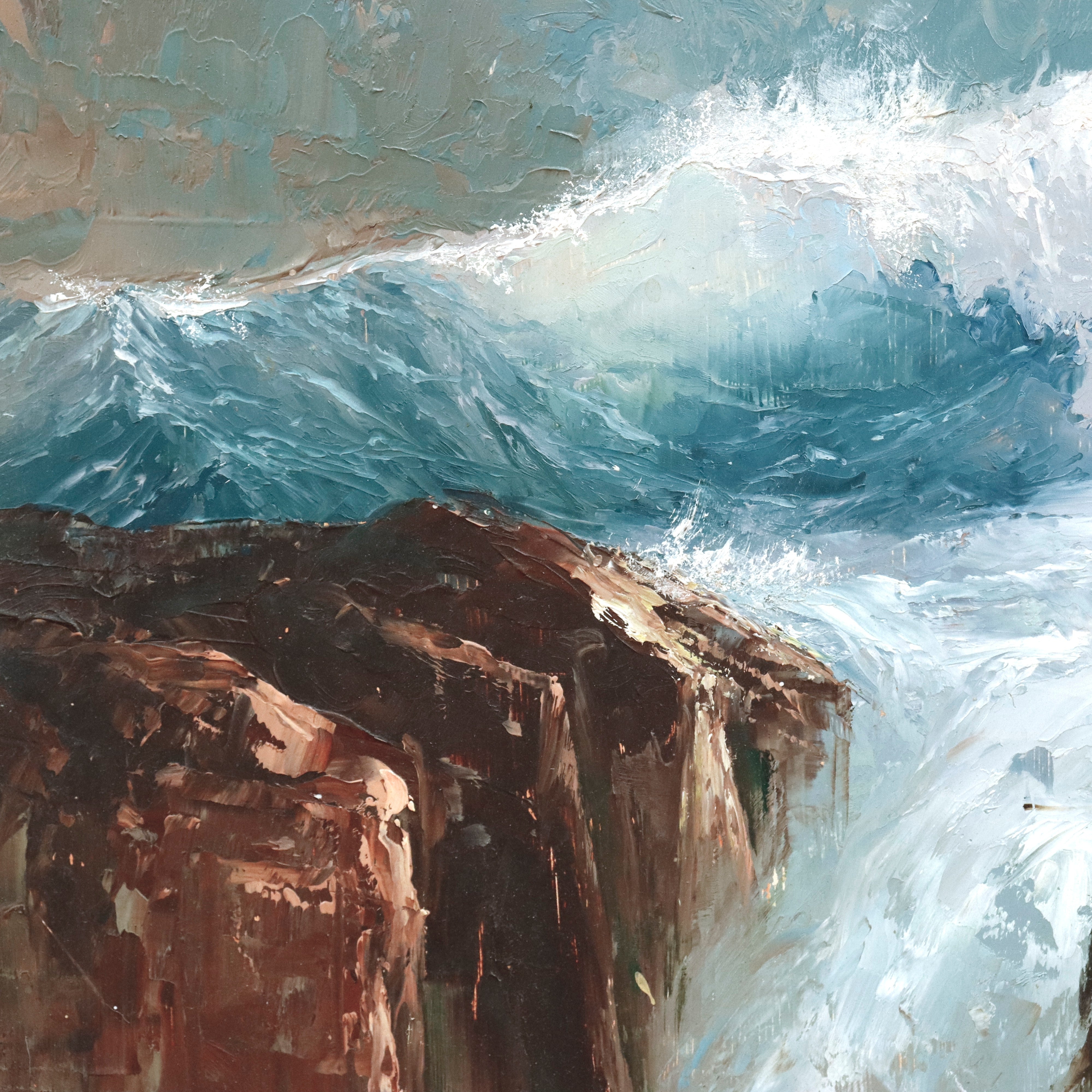 AW923: CAMP Coastal Landscape Oil on Masonite Board Mid 20th Century