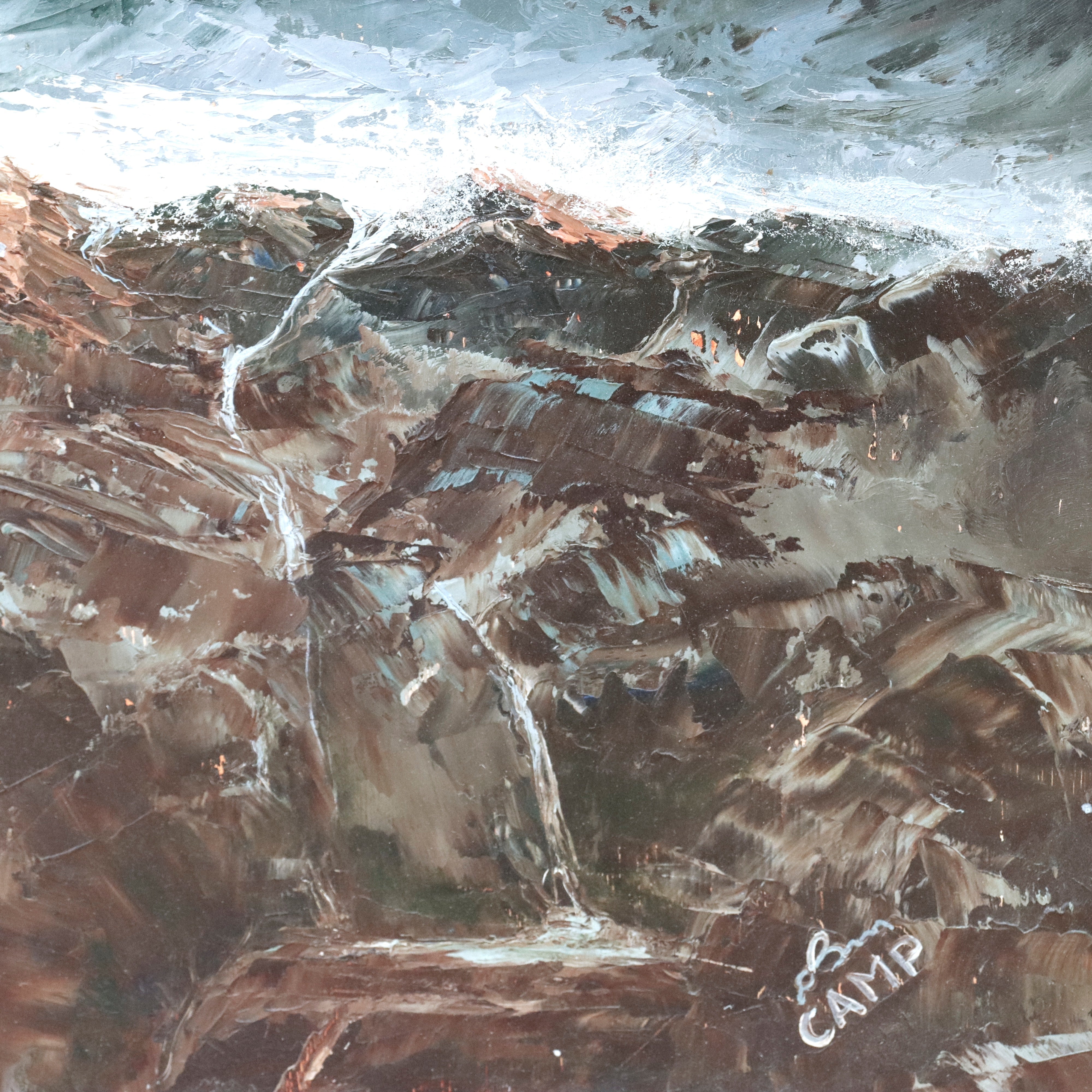 AW923: CAMP Coastal Landscape Oil on Masonite Board Mid 20th Century